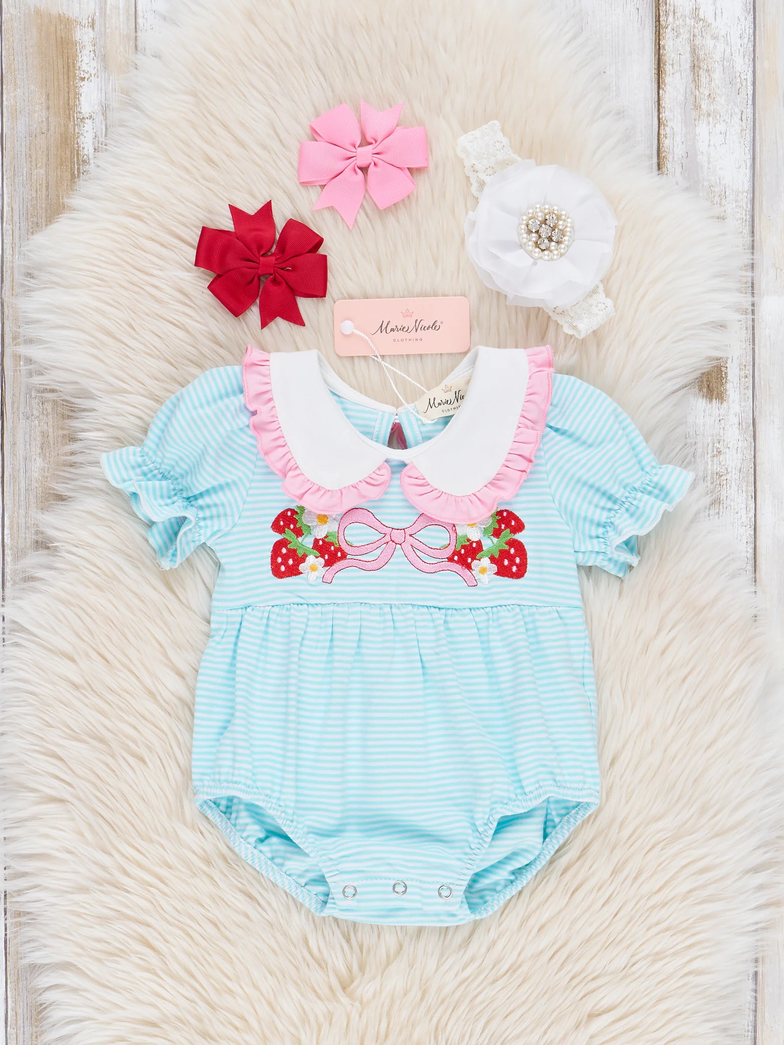 Embroidered Strawberry Bows Ruffle Bubble Romper