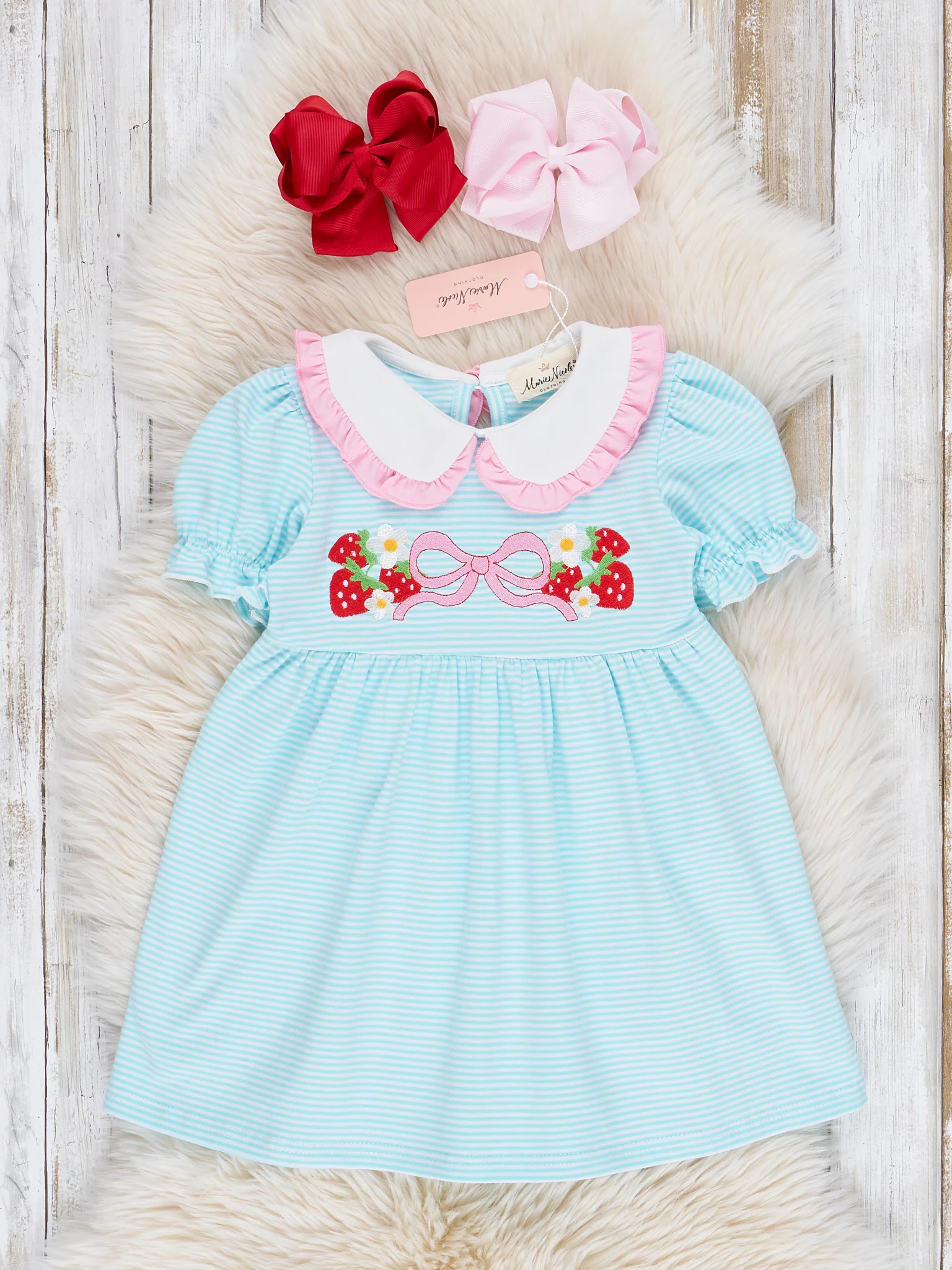 Embroidered Strawberry Bows Ruffle Dress