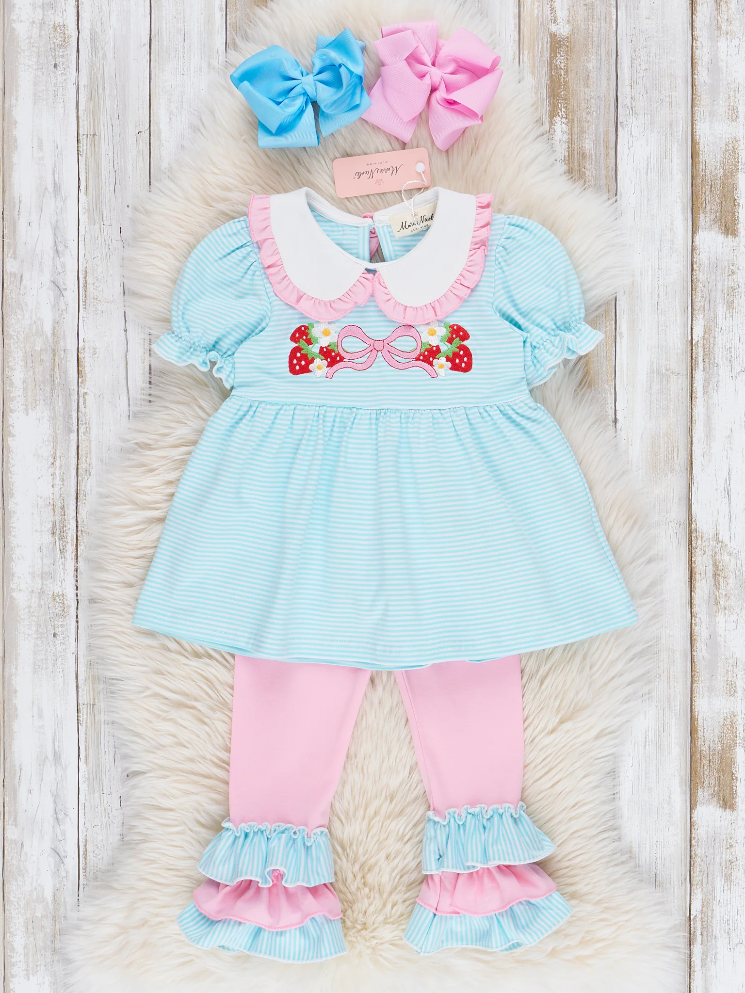 Embroidered Strawberry Bows Ruffle Outfit - Image 2
