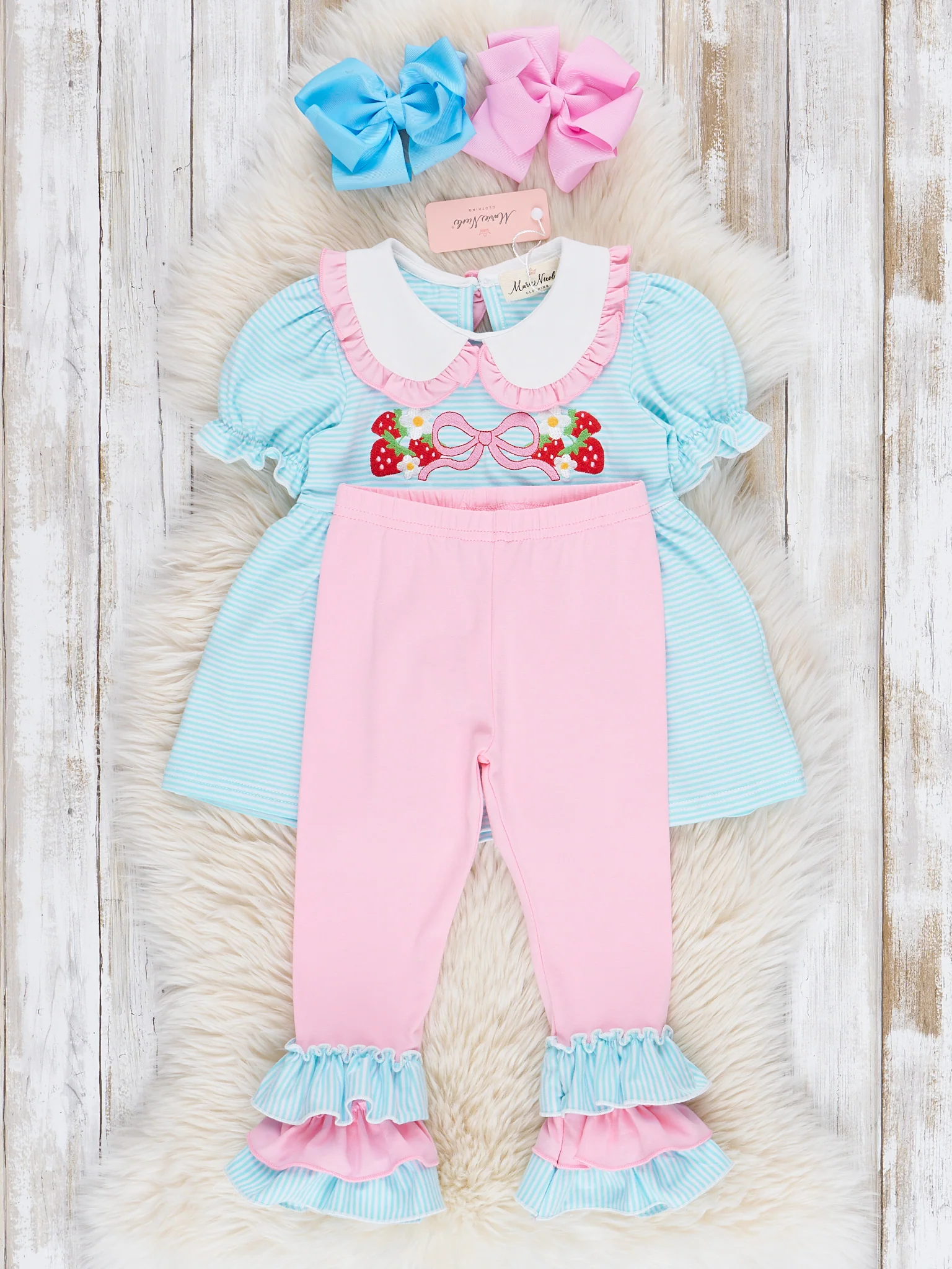 Embroidered Strawberry Bows Ruffle Outfit - Image 3