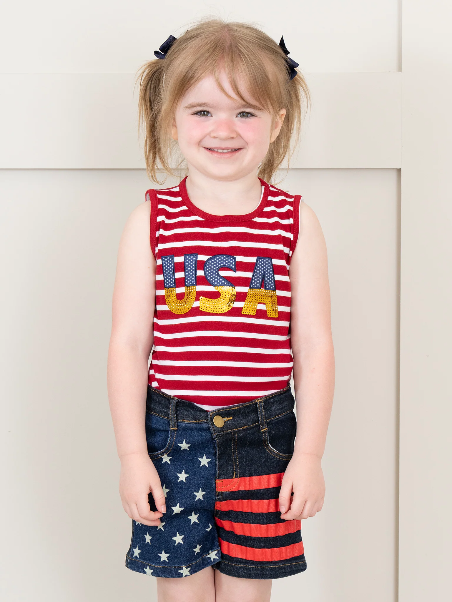 Embroidered USA Stripes Denim Shorts Outfit