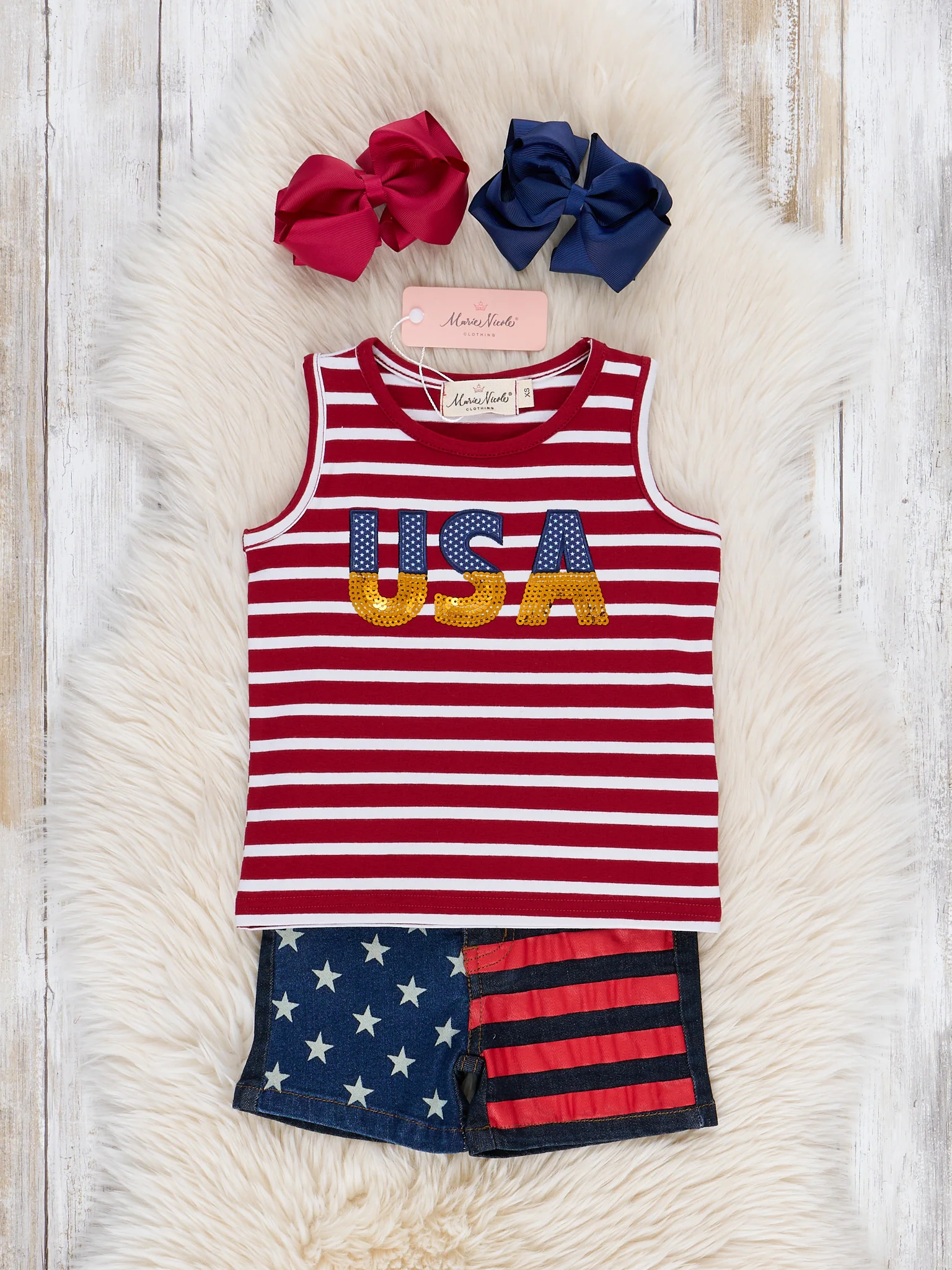 Embroidered USA Stripes Denim Shorts Outfit - Image 2