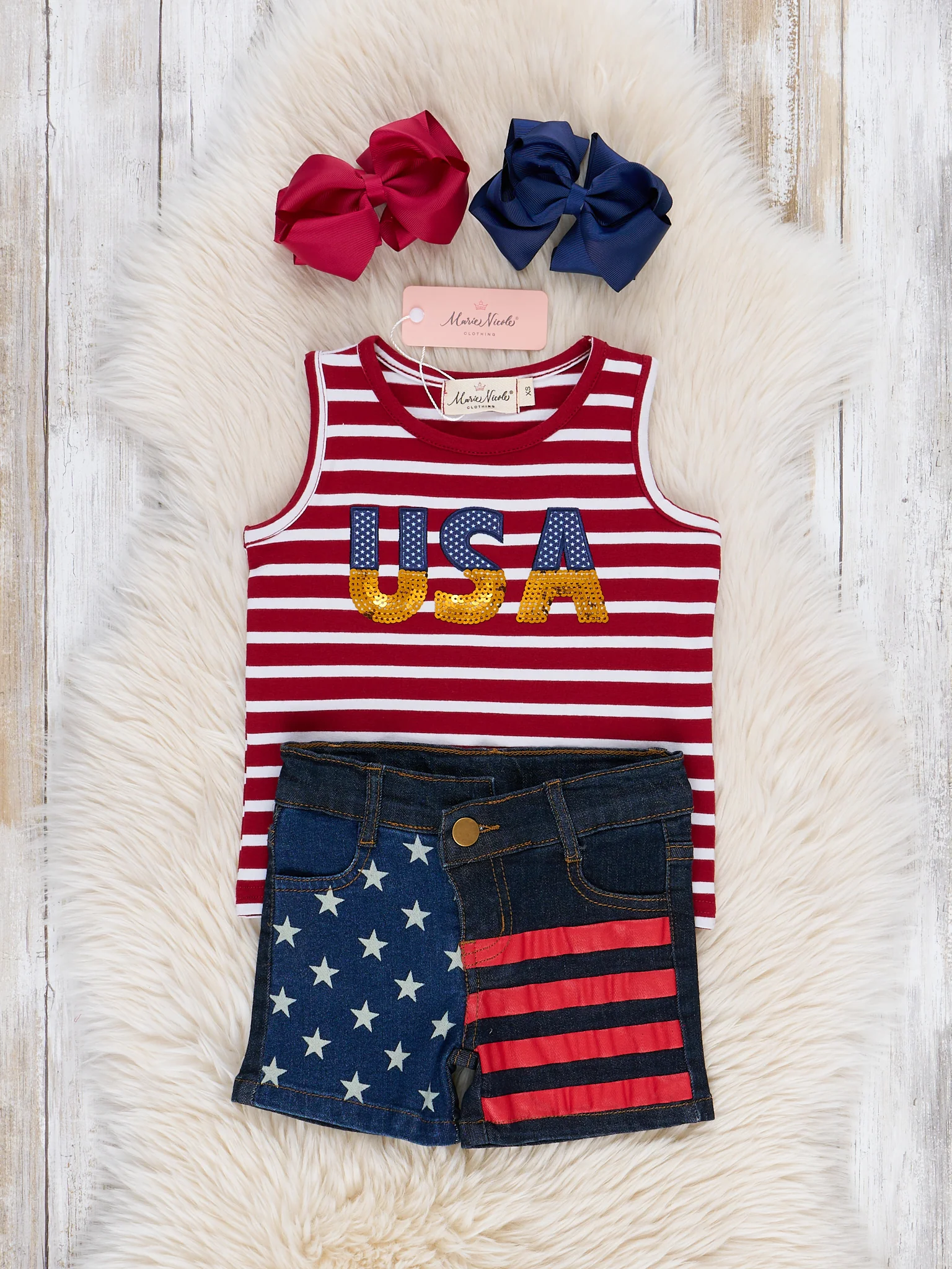 Embroidered USA Stripes Denim Shorts Outfit - Image 3