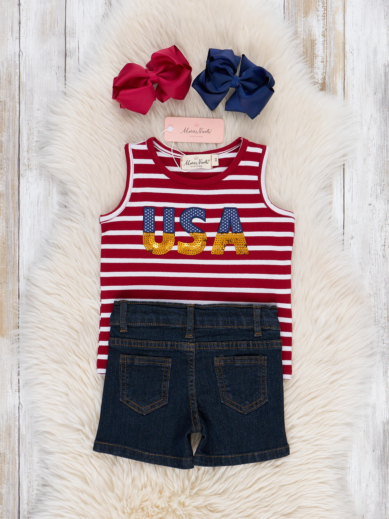 Embroidered USA Stripes Denim Shorts Outfit - Image 4