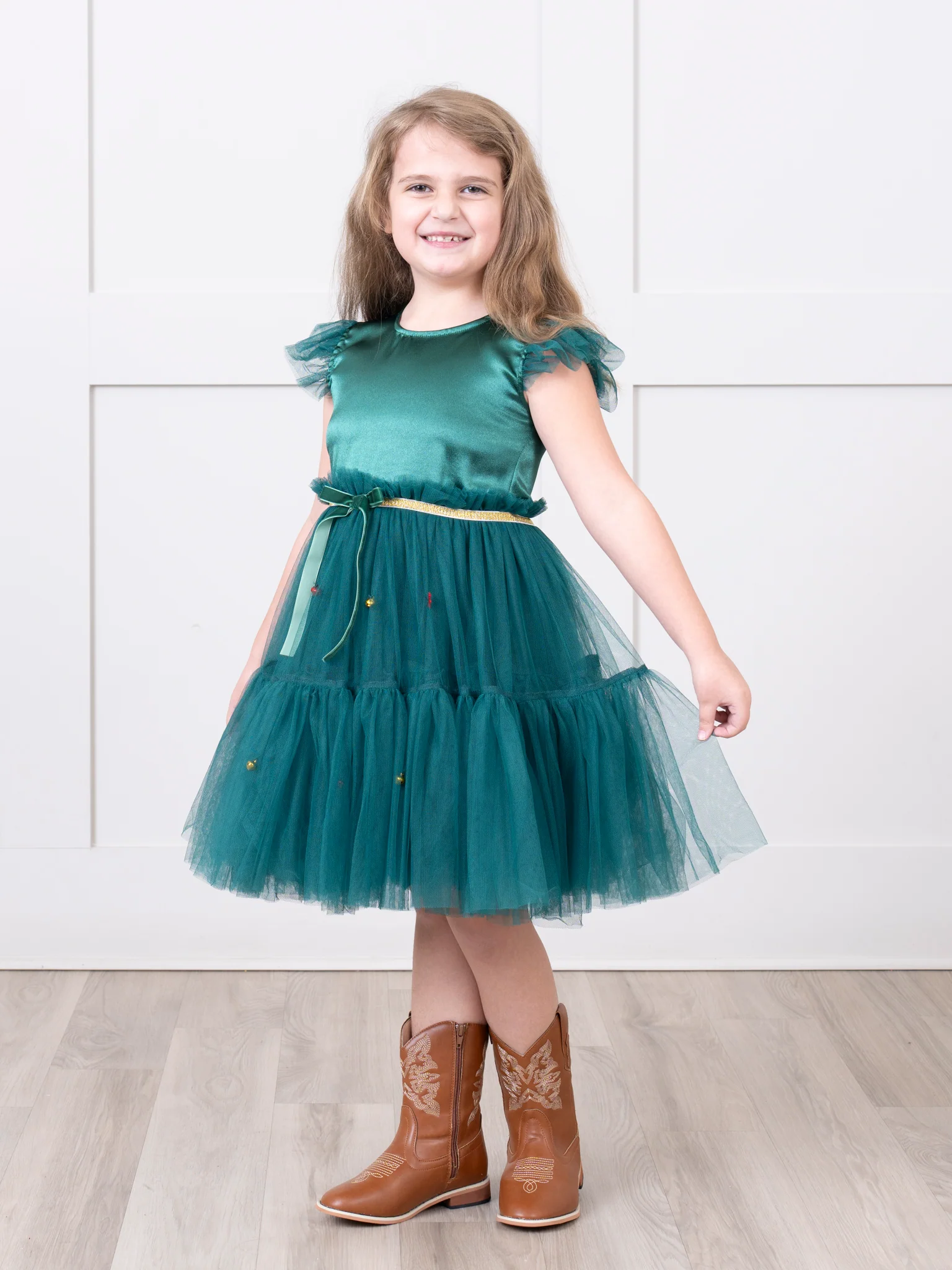 Emerald Flutter Sleeve Tulle Dress