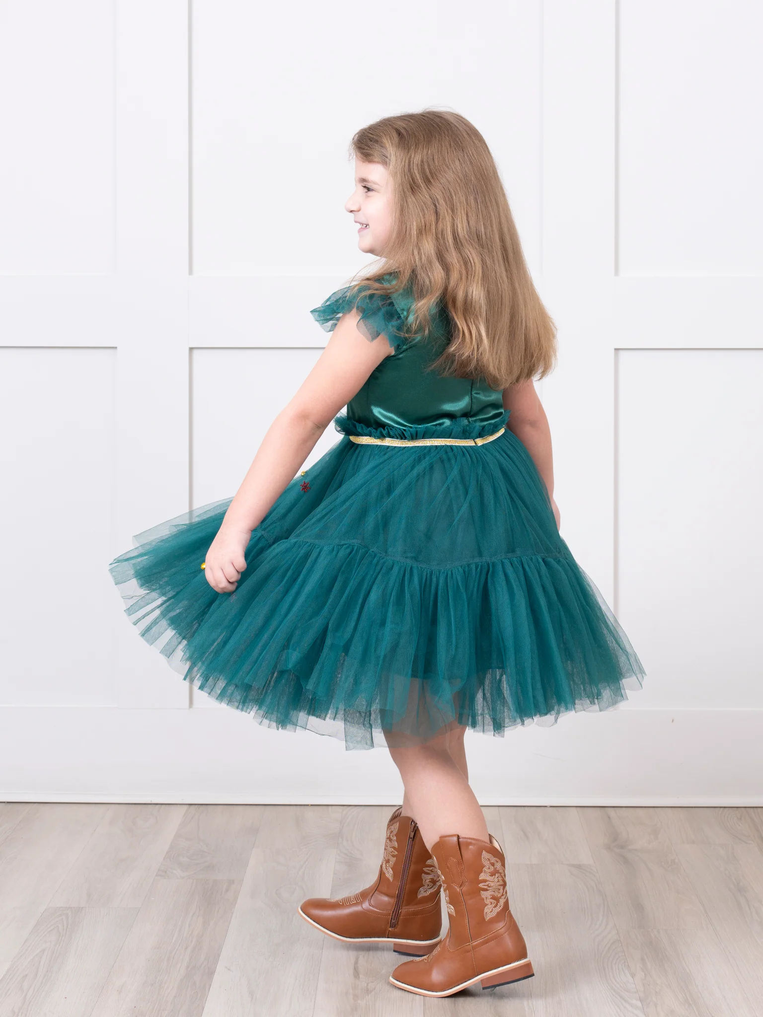 Emerald Flutter Sleeve Tulle Dress - Image 4