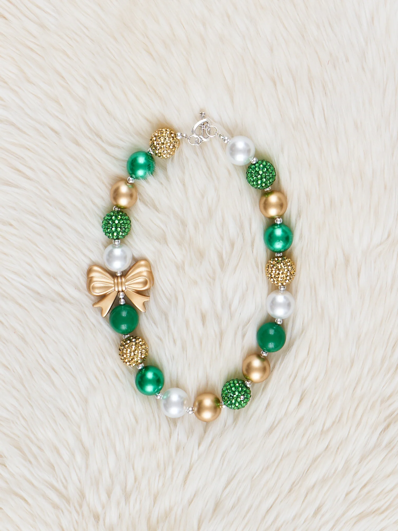 Emerald & Gold Bow Charm Bubblegum Necklace