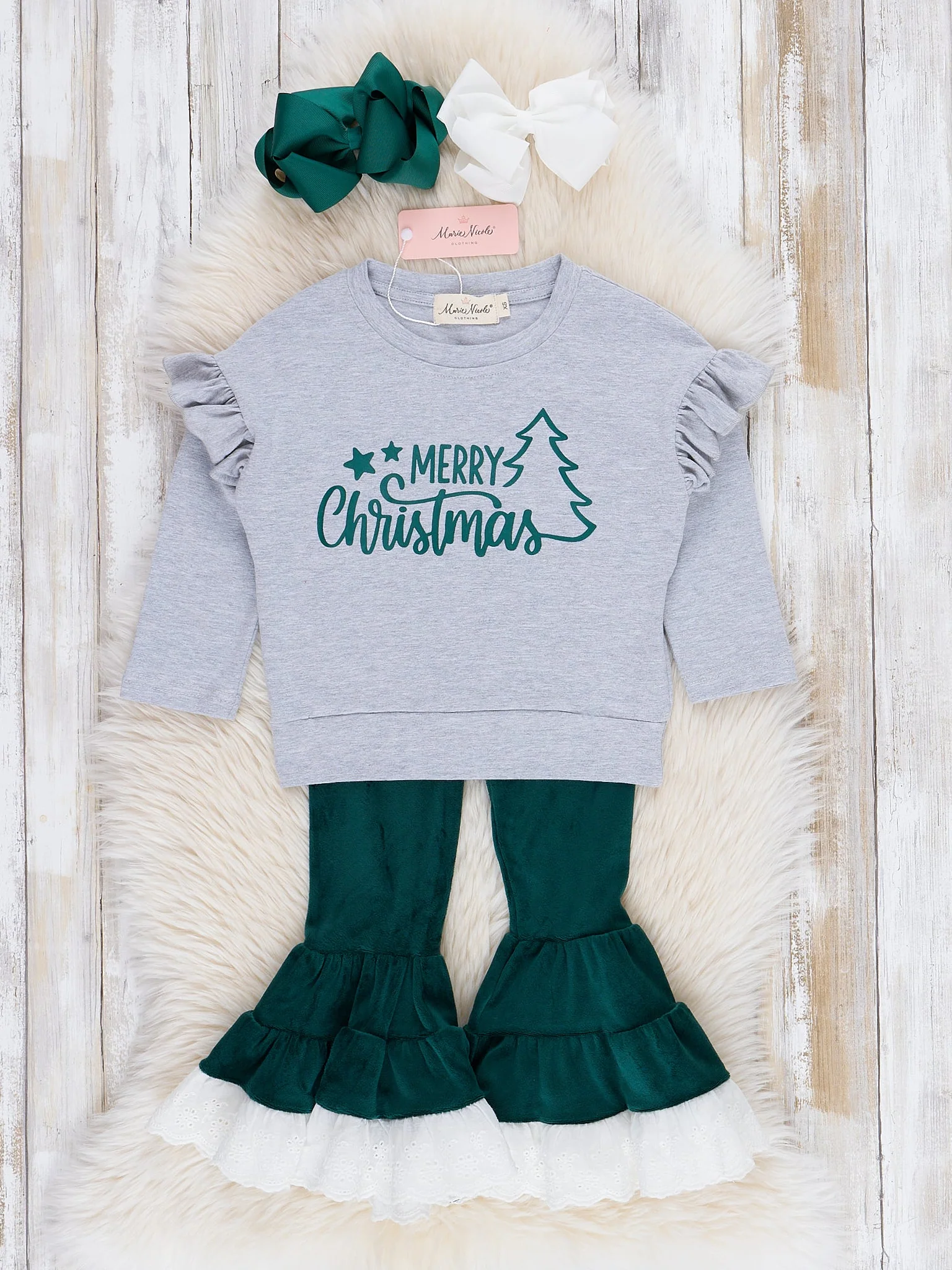 Emerald Merry Christmas Velvet Bell Bottom Outfit - Image 2