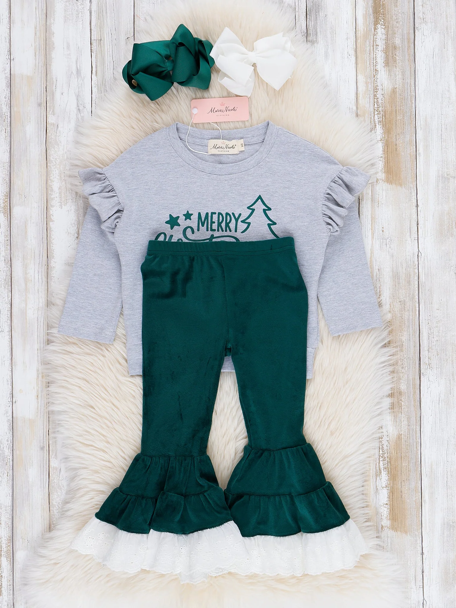 Emerald Merry Christmas Velvet Bell Bottom Outfit - Image 3