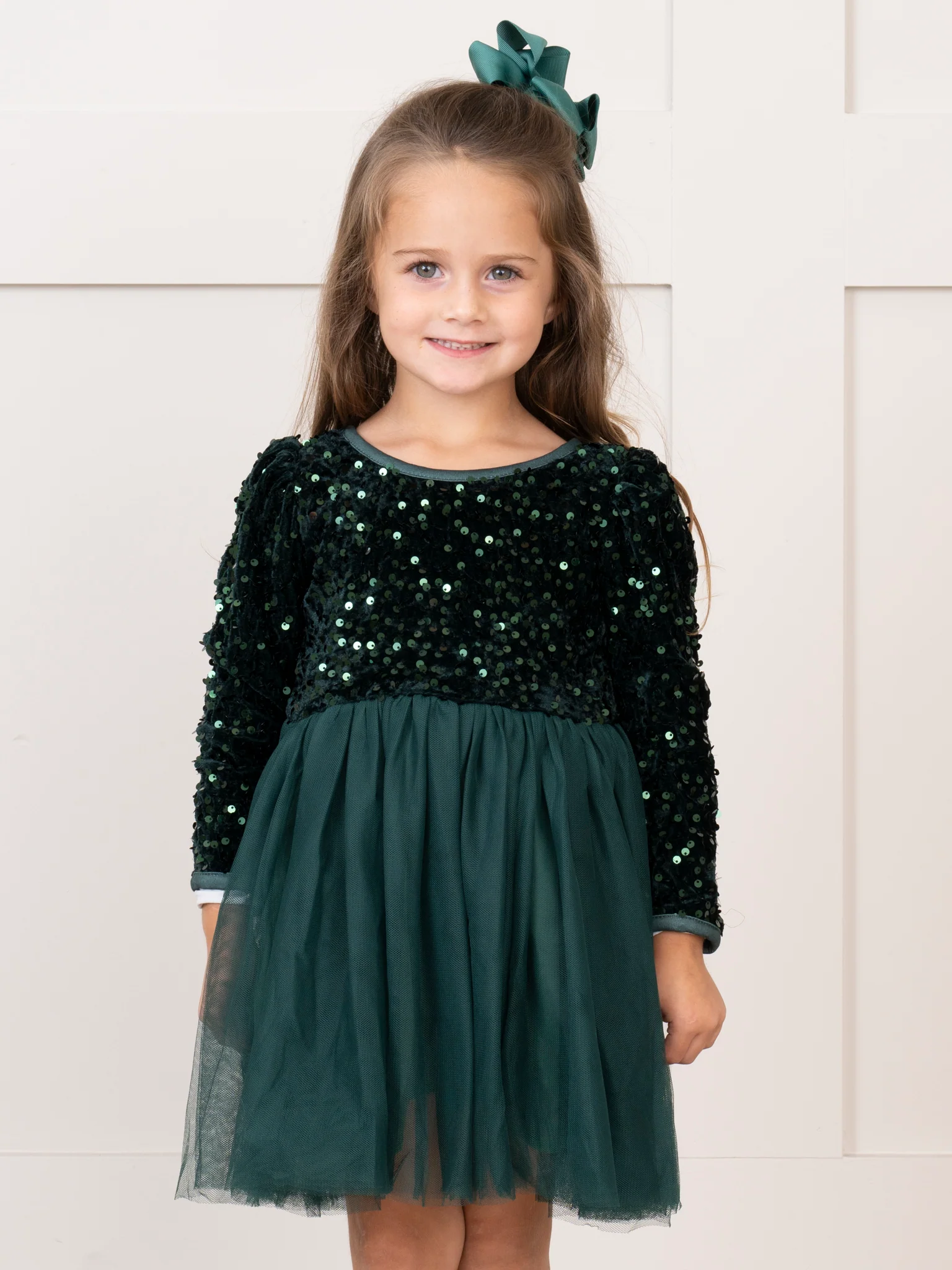 Emerald Sparkle Party Long Sleeve Tulle Dress