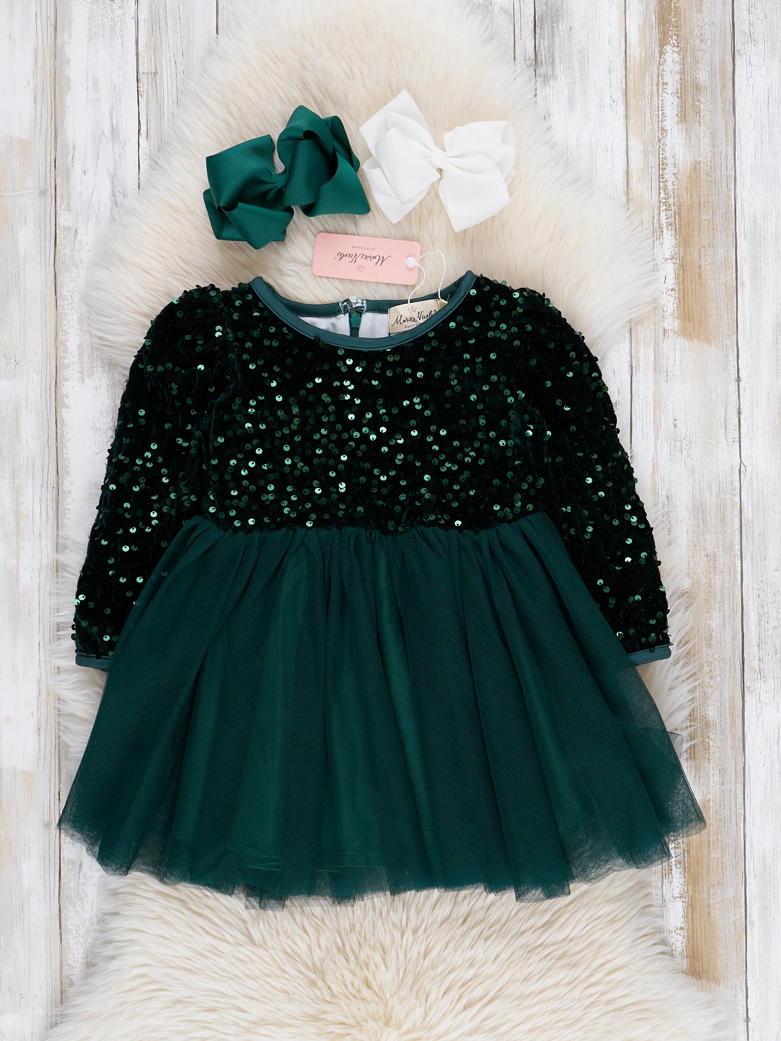 Emerald Sparkle Party Long Sleeve Tulle Dress - Image 2