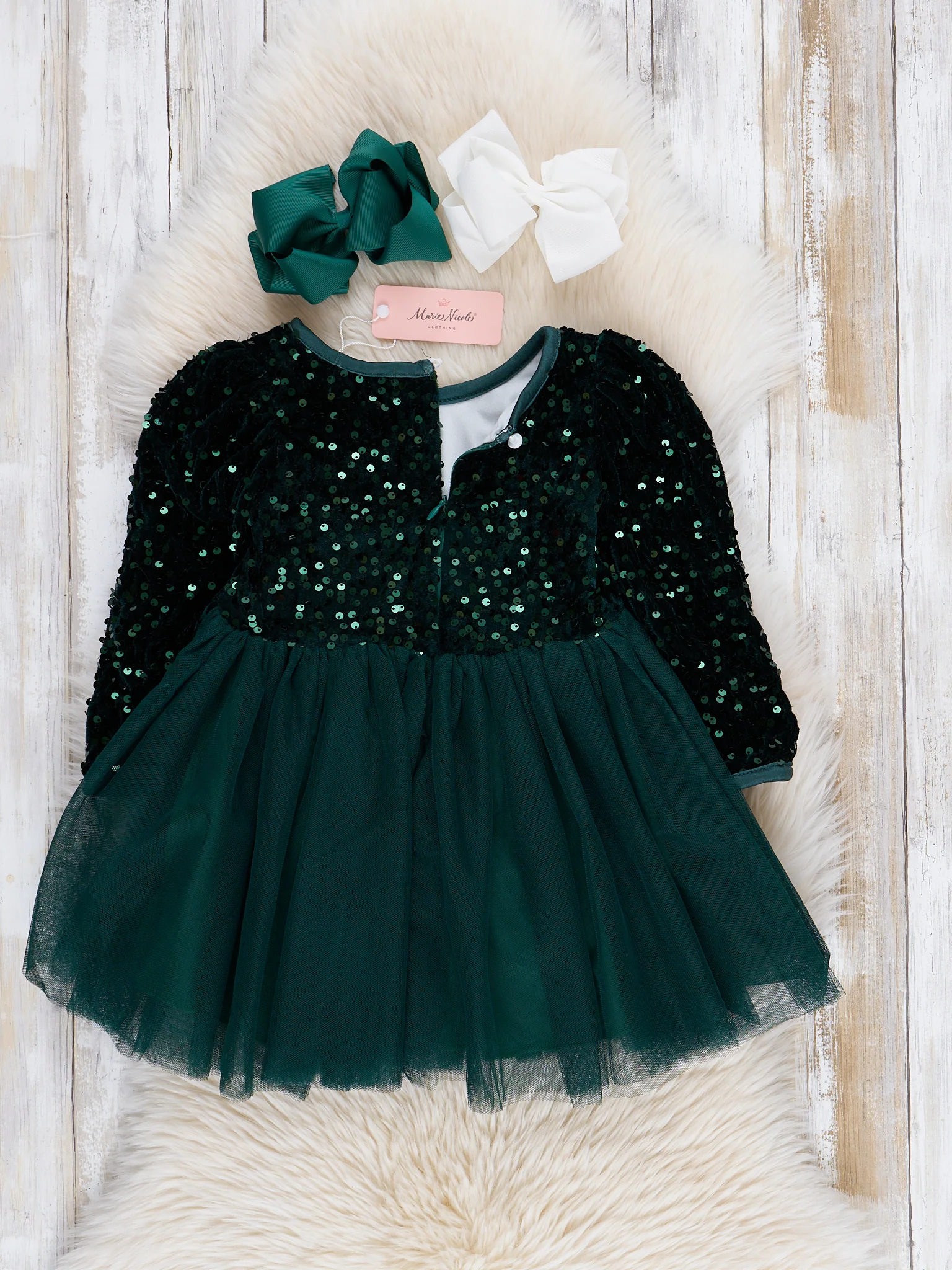 Emerald Sparkle Party Long Sleeve Tulle Dress - Image 3