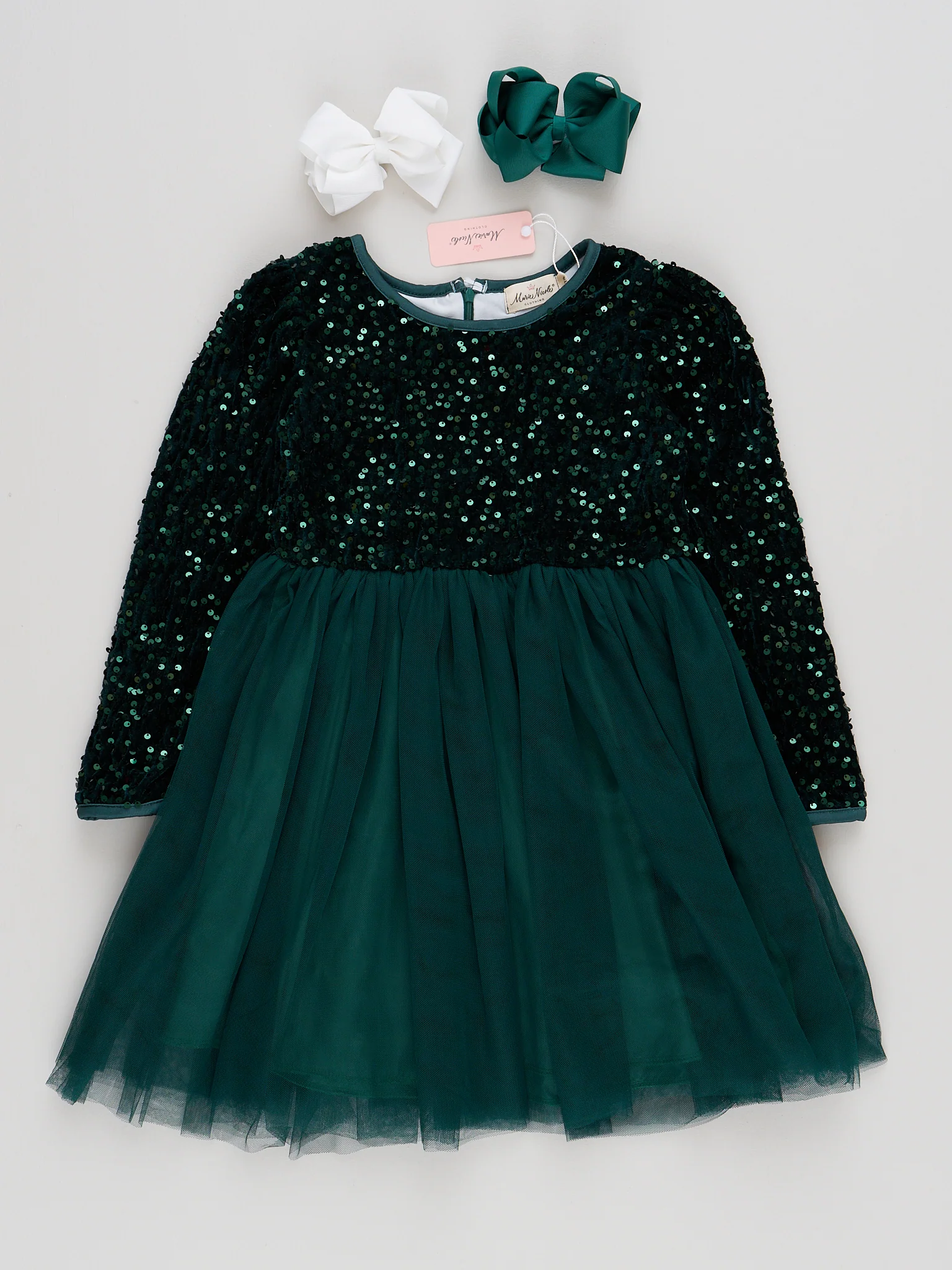 Emerald Sparkle Party Long Sleeve Tulle Dress - Image 4