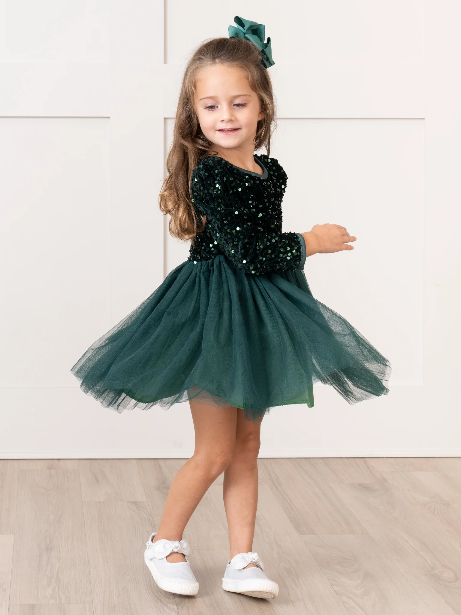Emerald Sparkle Party Long Sleeve Tulle Dress - Image 5