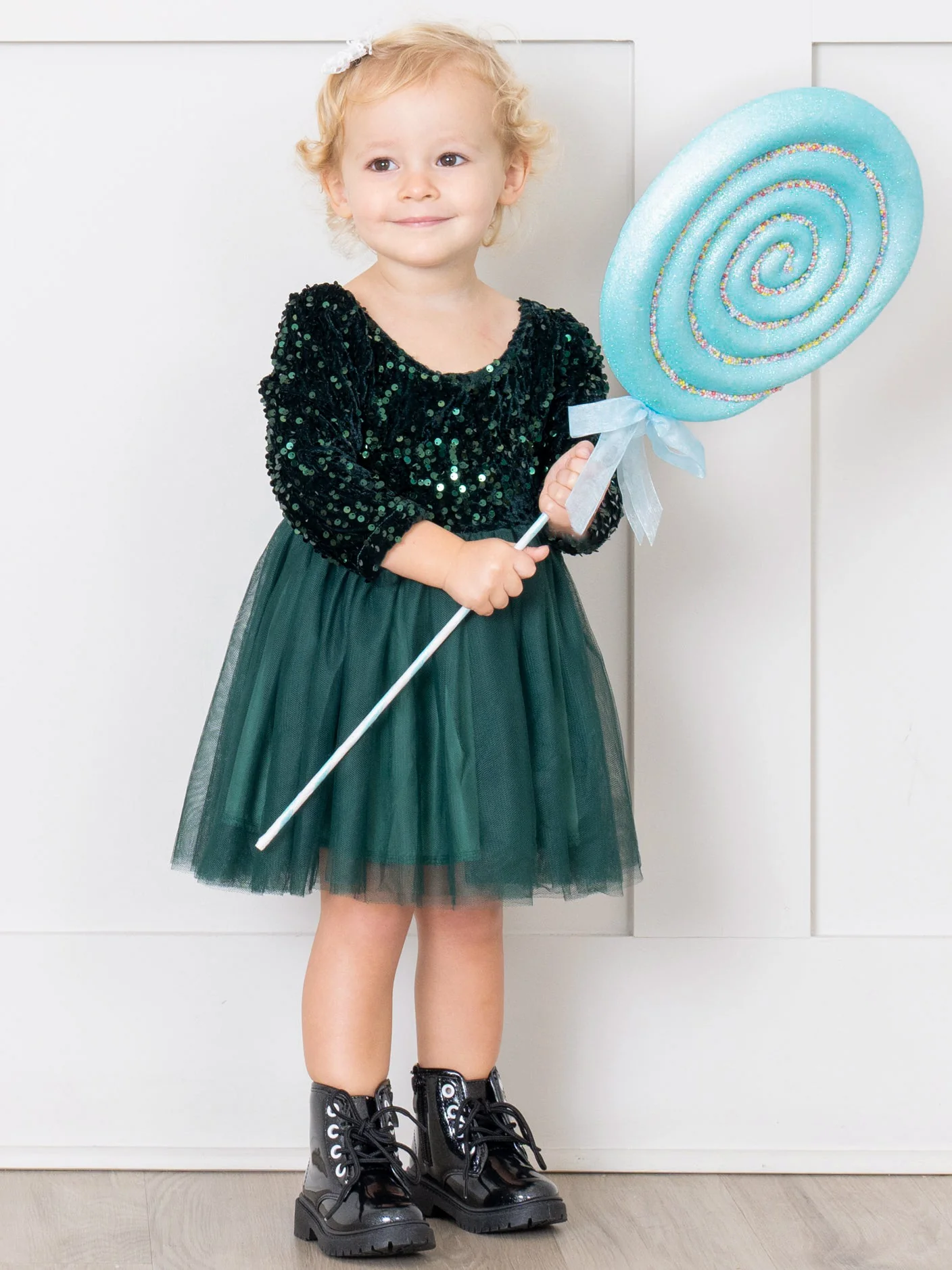 Emerald Sparkle Party Long Sleeve Tulle Dress - Image 6