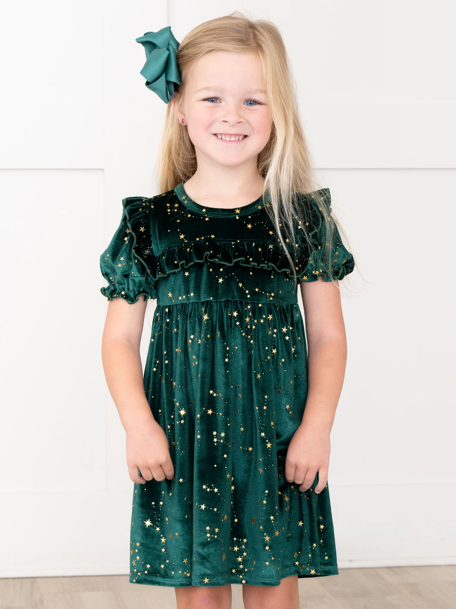Emerald Starry Night Velvet Ruffle Dress