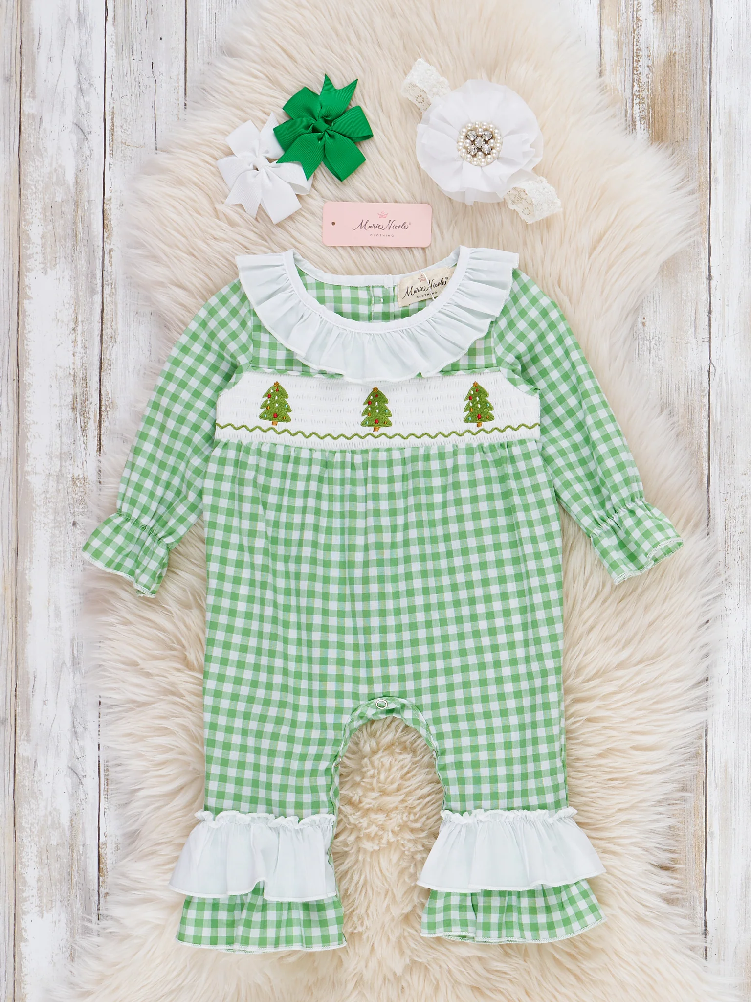 Evergreen Gingham Smocked Ruffle Romper
