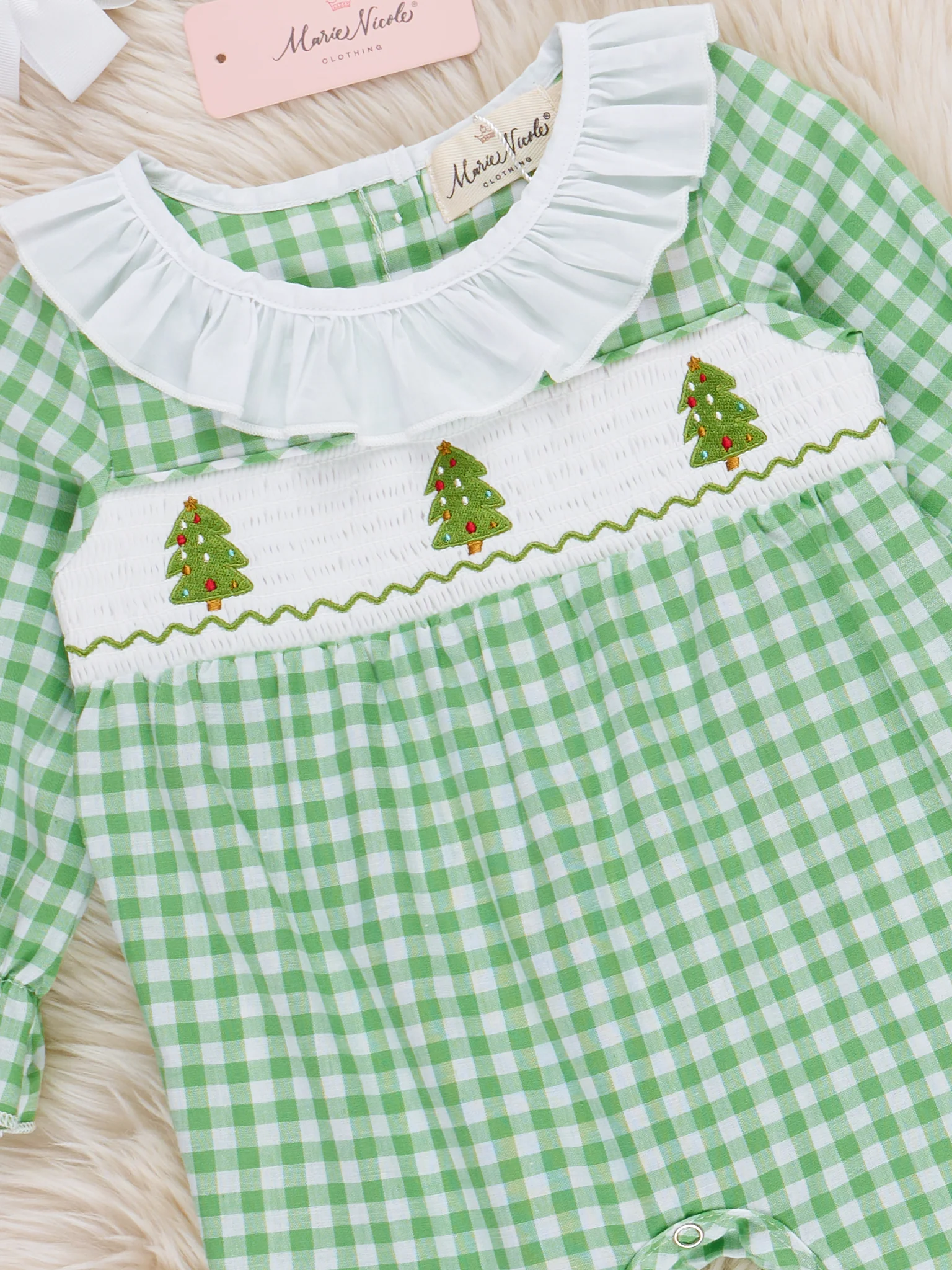 Evergreen Gingham Smocked Ruffle Romper - Image 2