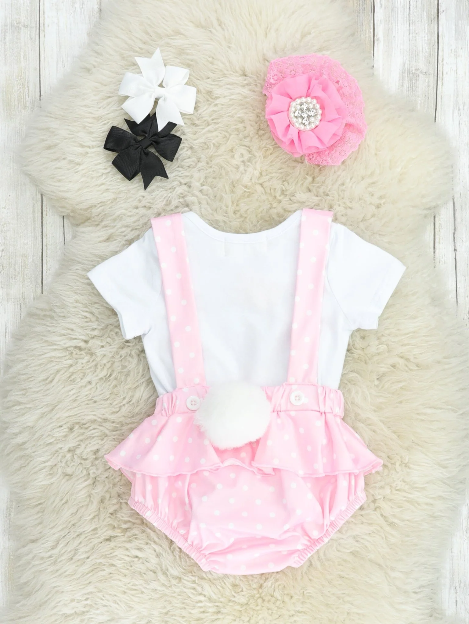 "Every Bunny Welcome" Onesie & Overall Bloomers Set - Image 2