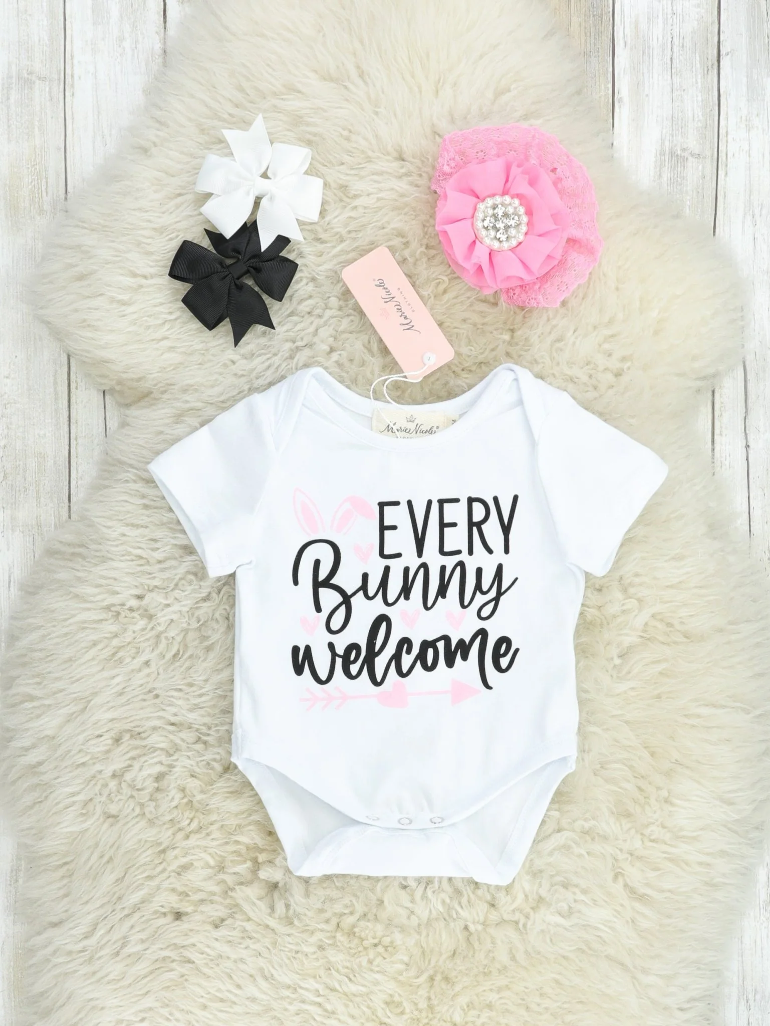 "Every Bunny Welcome" Onesie & Overall Bloomers Set - Image 3