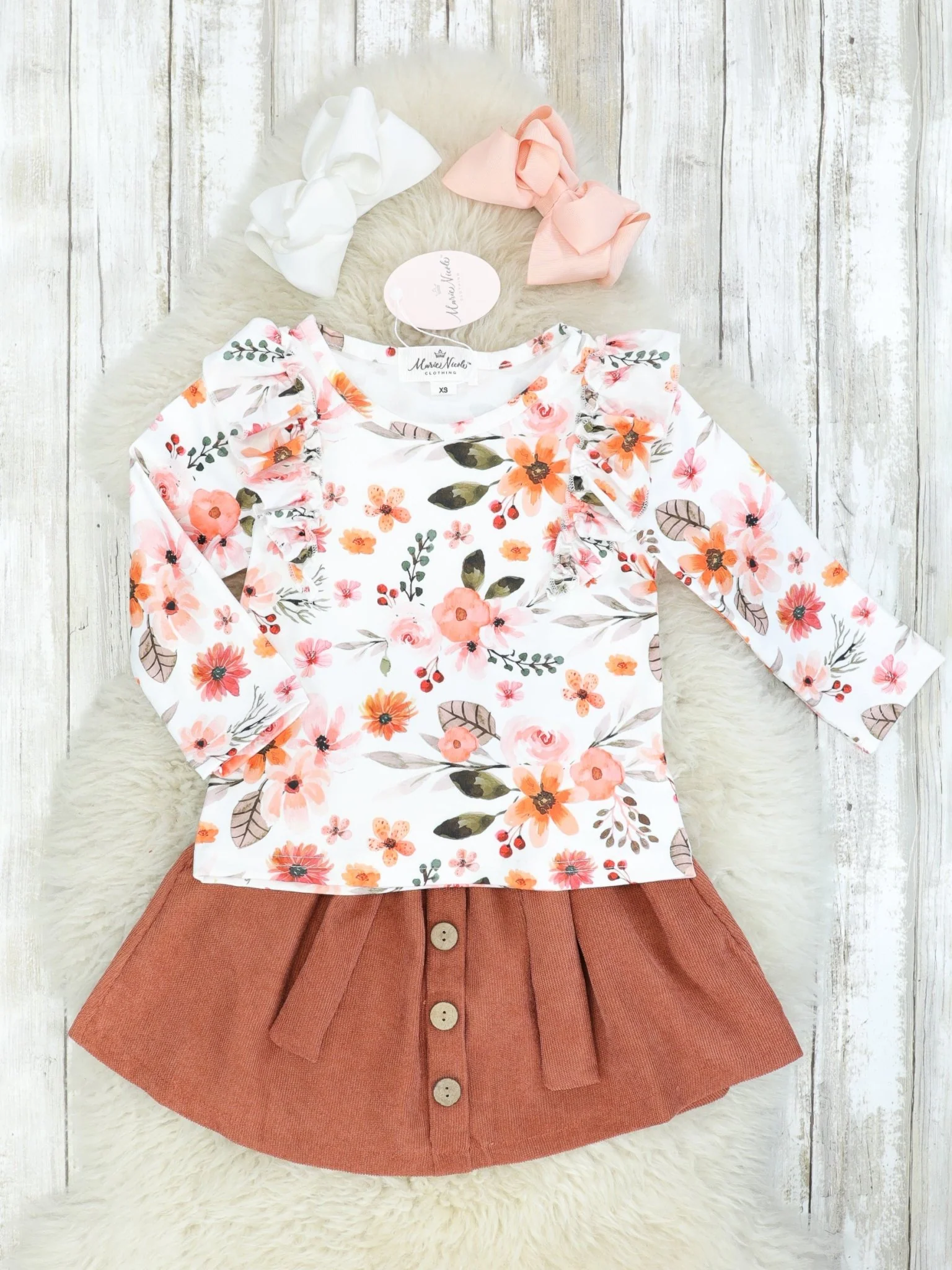 Fall Watercolor Floral Ruffle Top & Rusty Brown Skirt