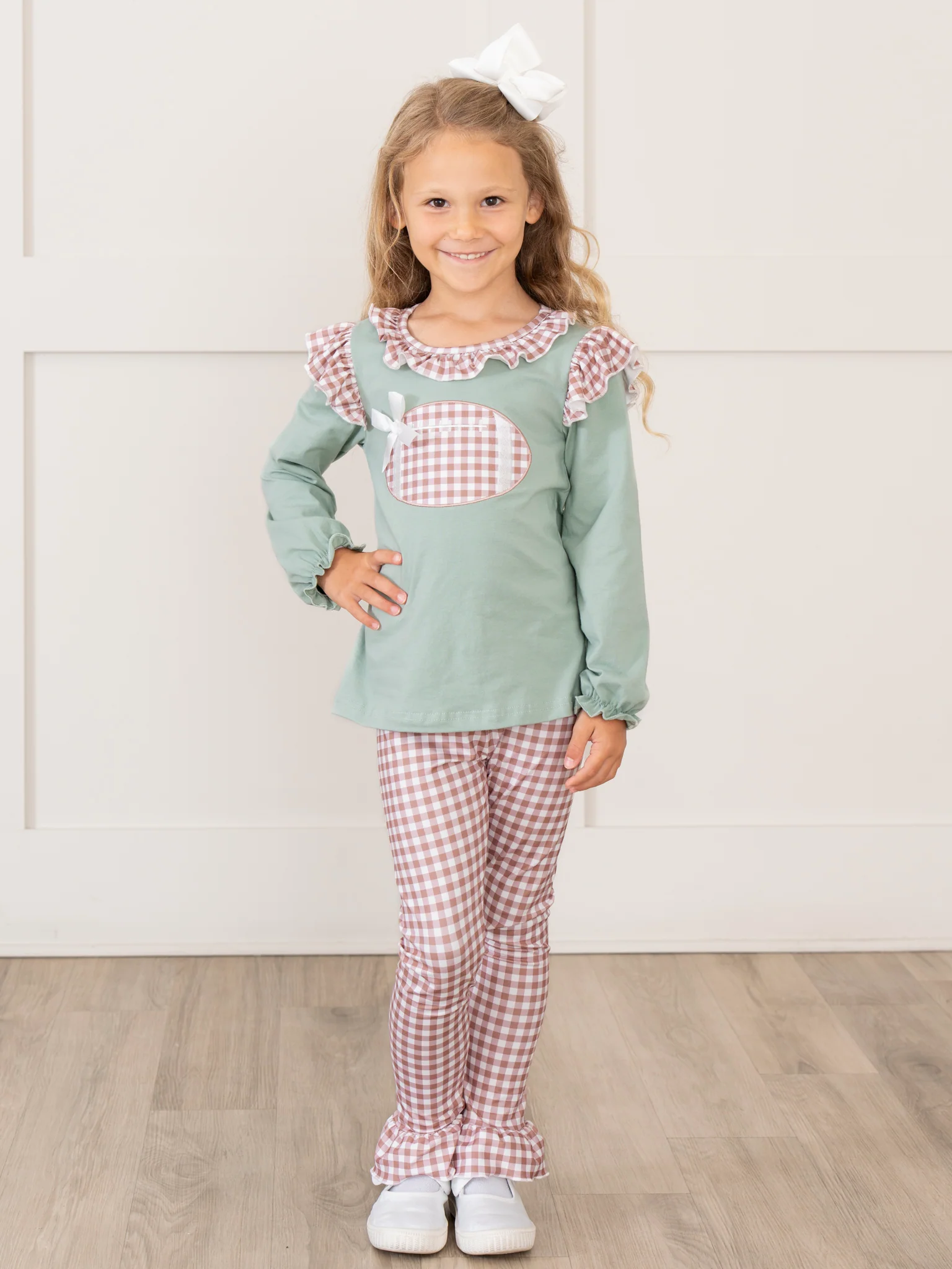 First Down Embroidered Gingham Football Ruffle Outfit