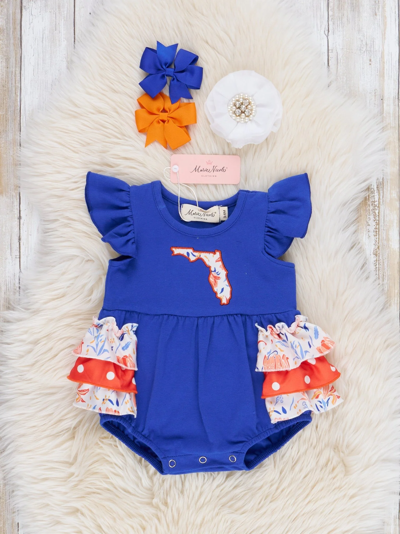 FL Blue Floral Ruffle Bubble Romper