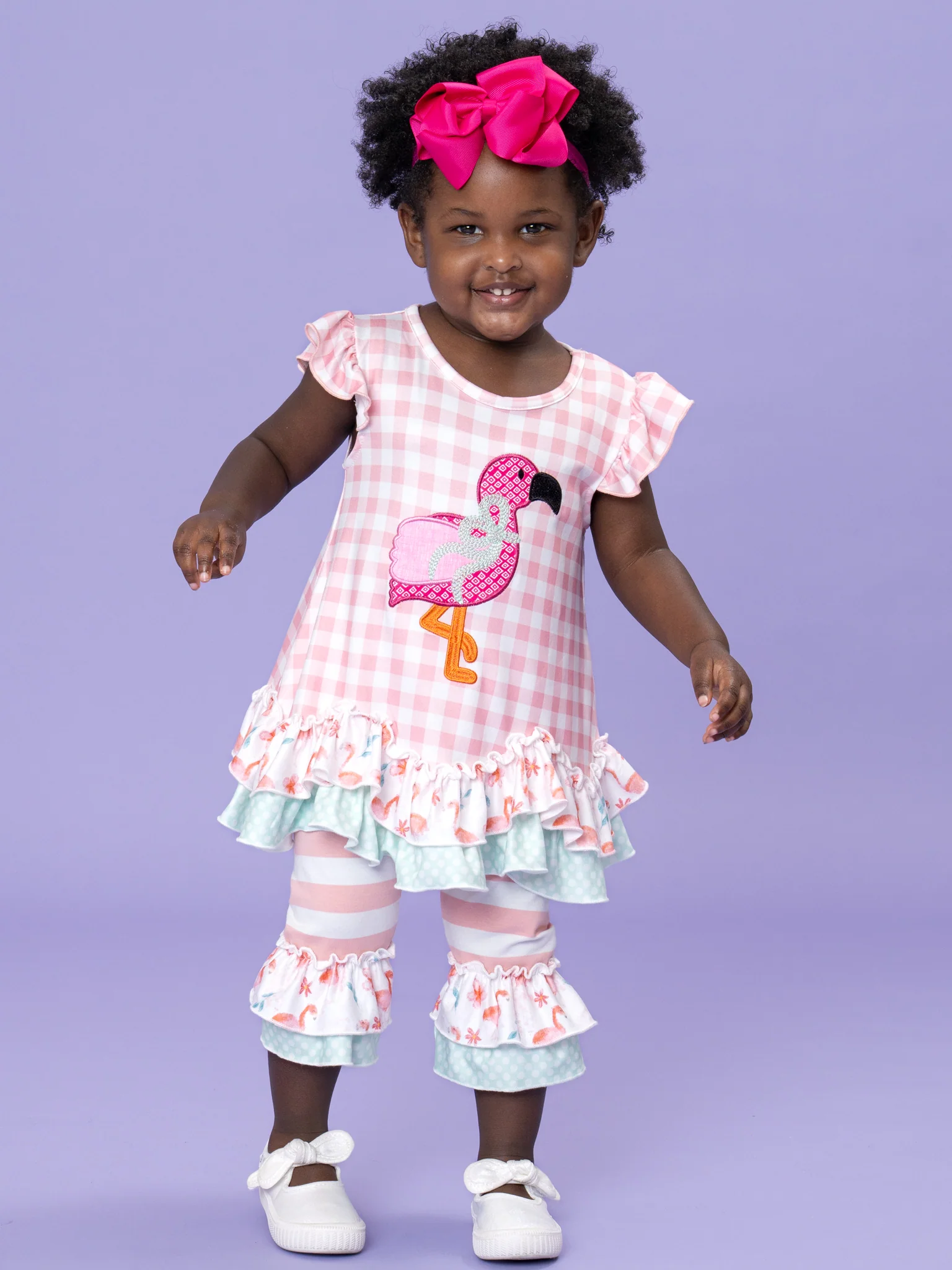 Flamingo Fizz Embroidered Plaid Ruffle Outfit