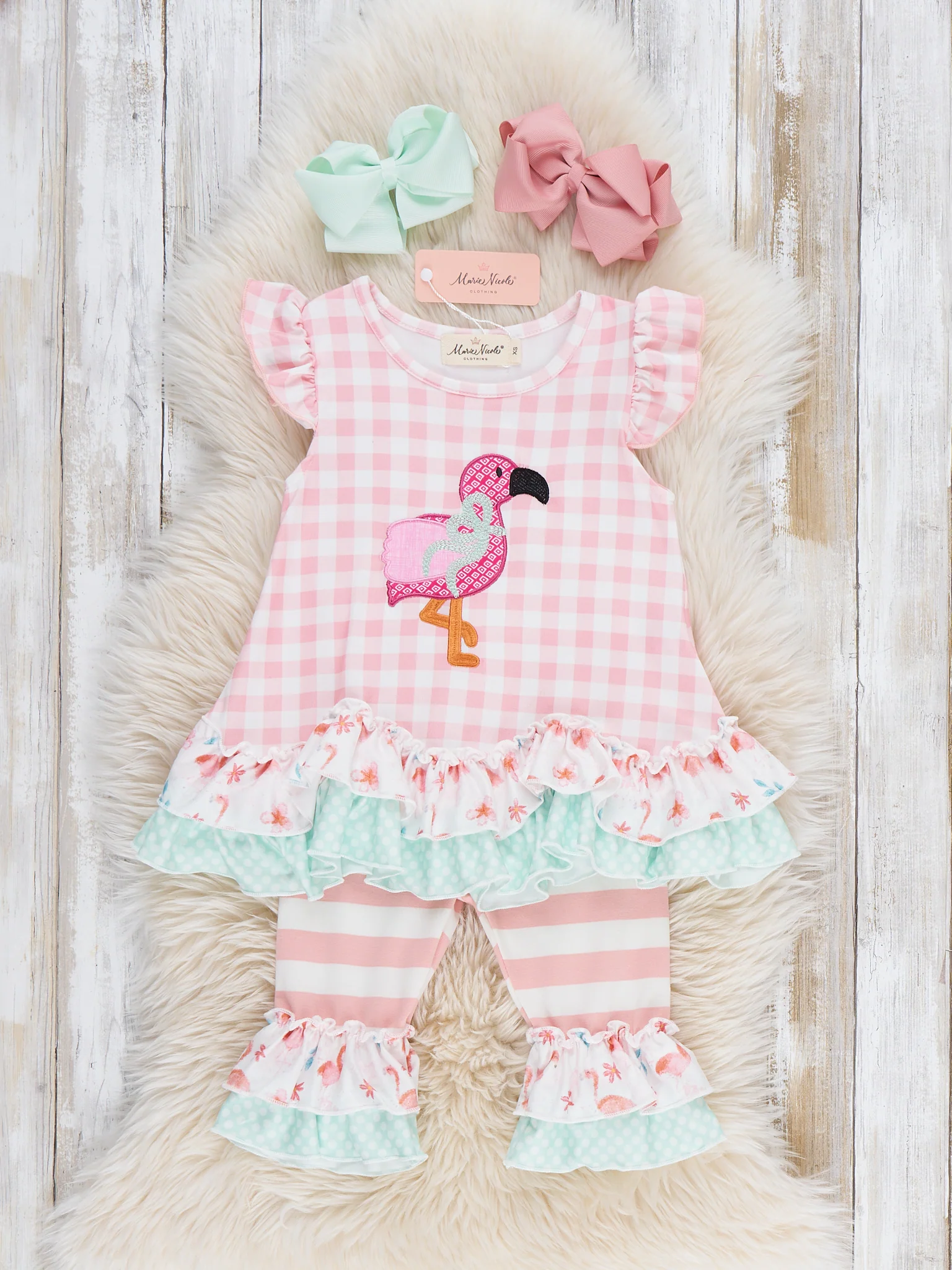 Flamingo Fizz Embroidered Plaid Ruffle Outfit - Image 2