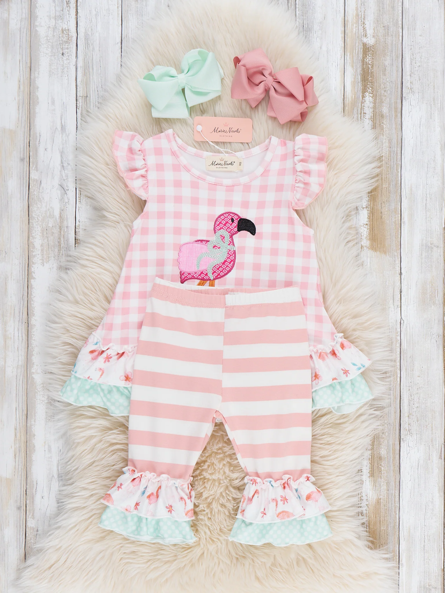 Flamingo Fizz Embroidered Plaid Ruffle Outfit - Image 4