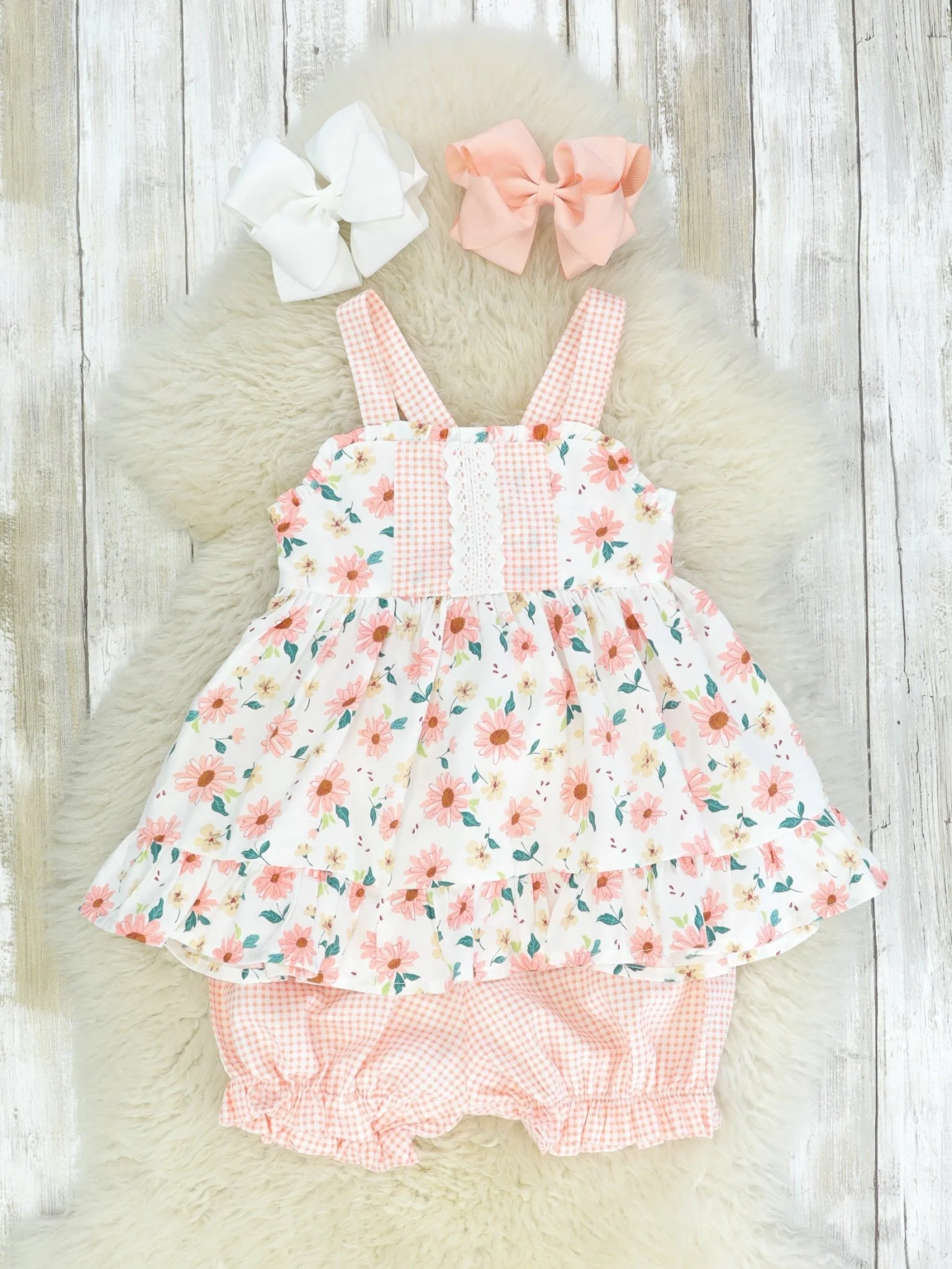 Pink Zinnia & Checked Open-Back Ruffle Bow Outfit