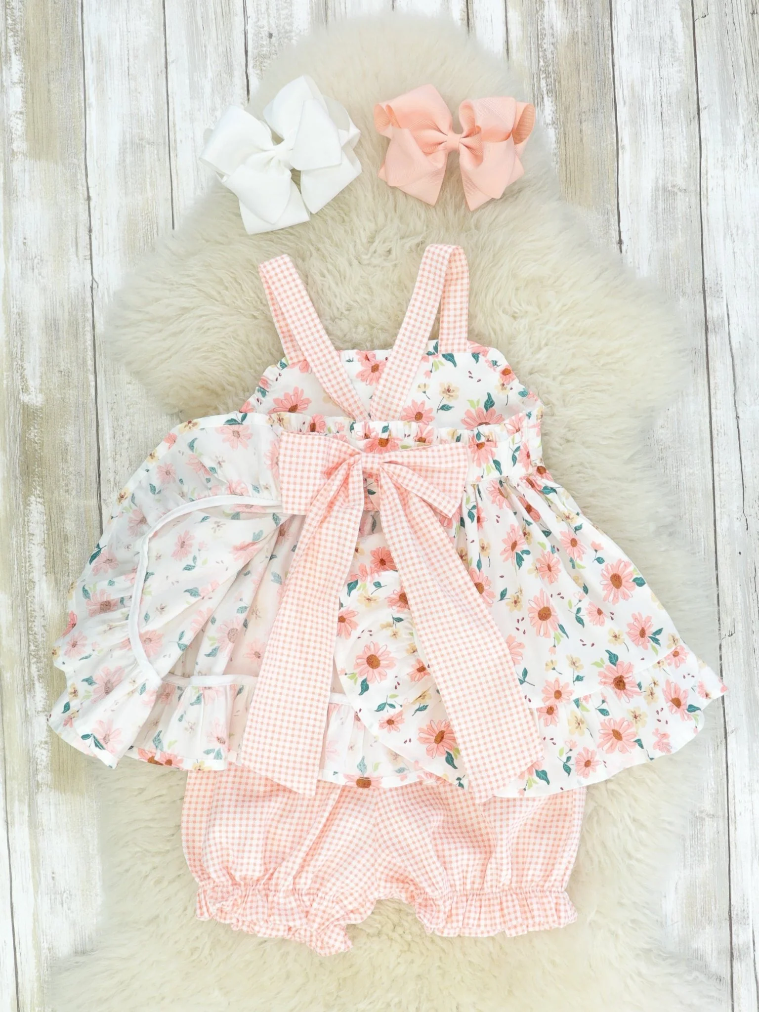 Pink Zinnia & Checked Open-Back Ruffle Bow Outfit - Image 3