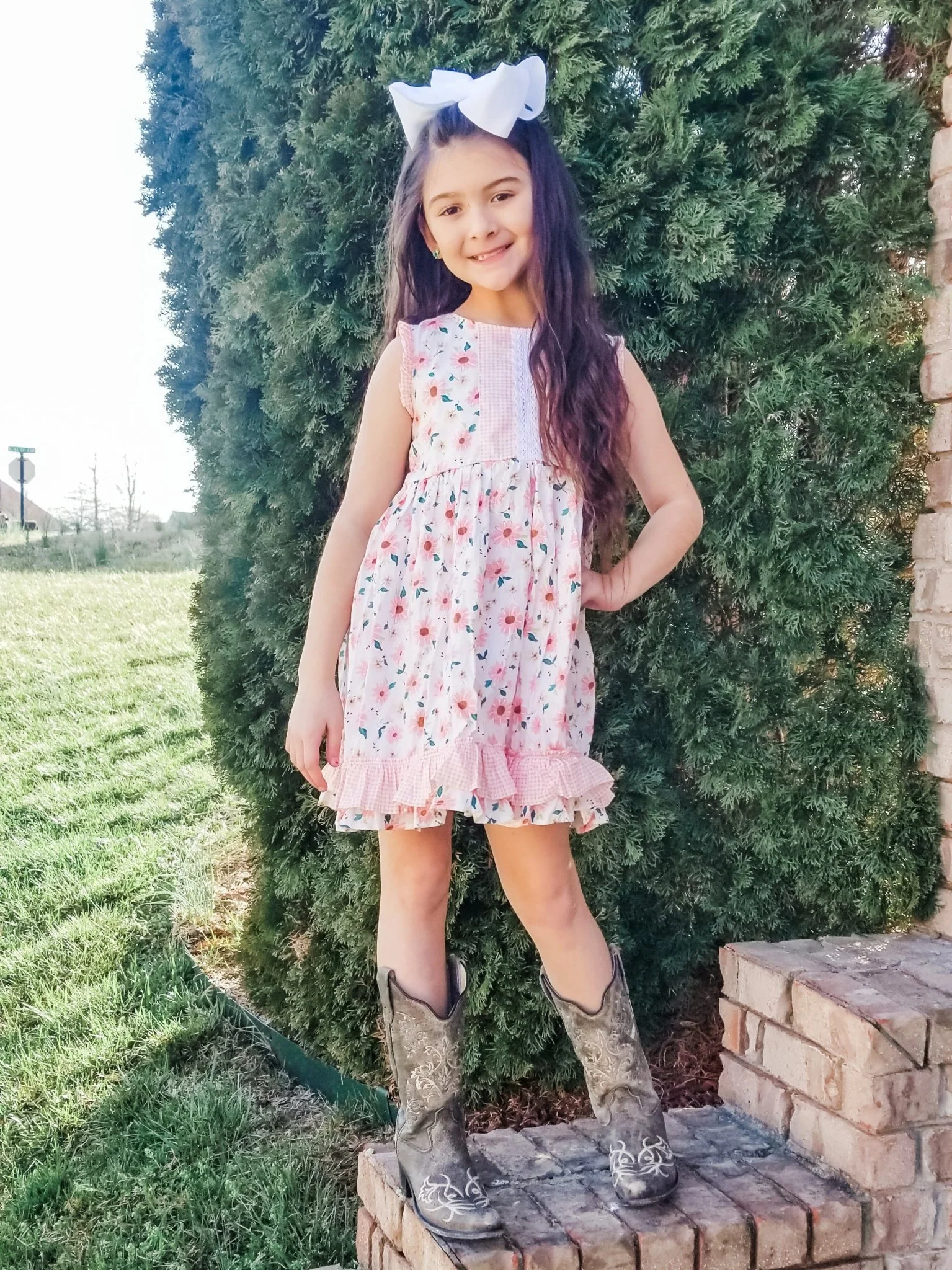 Pink Zinnia & Checked Ruffle Dress - Image 3