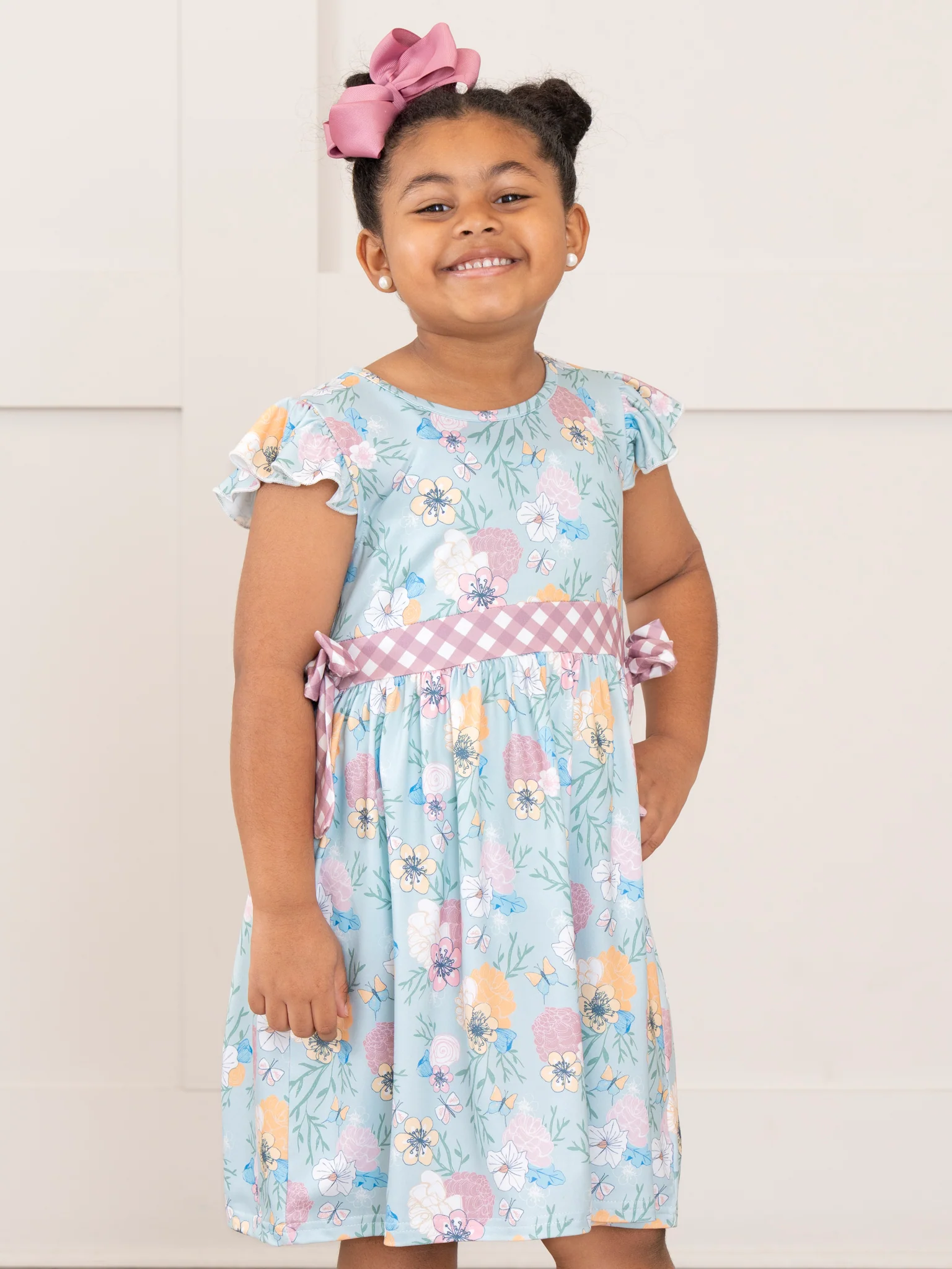 Floral Butterfly Flutter Sleeve Bow Dress