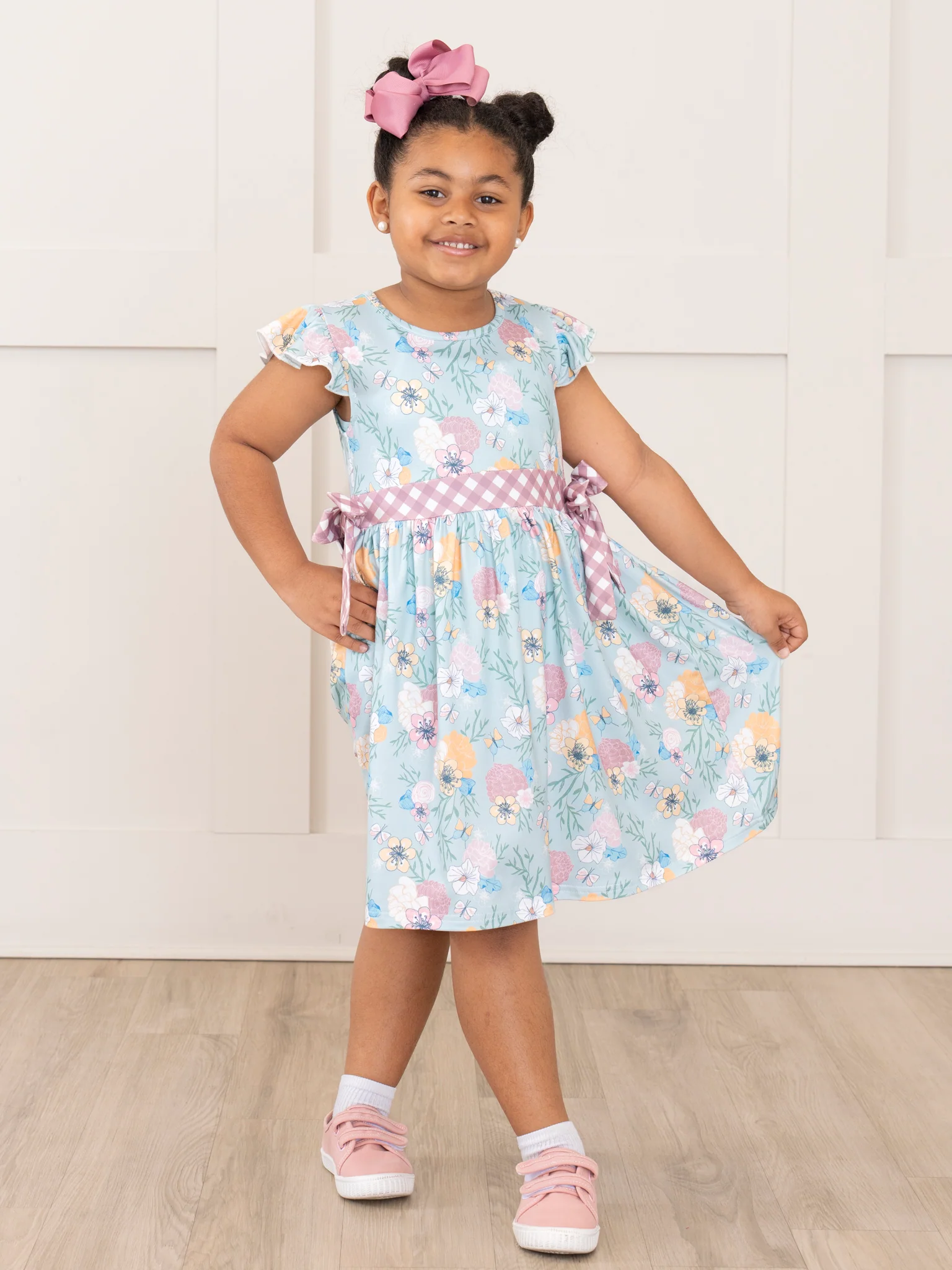 Floral Butterfly Flutter Sleeve Bow Dress - Image 3