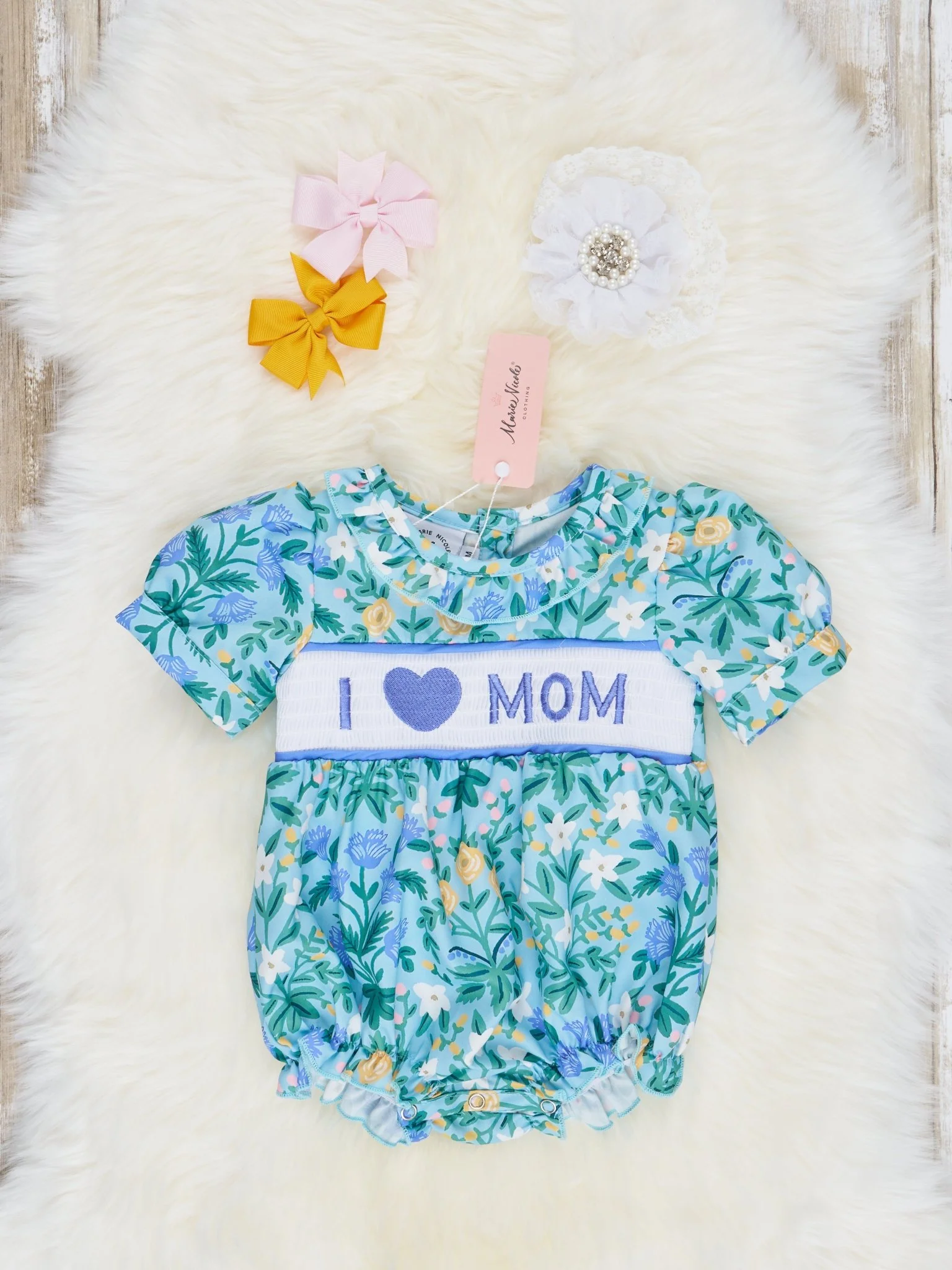 Floral "I Love Mom" Smocked Bubble Romper