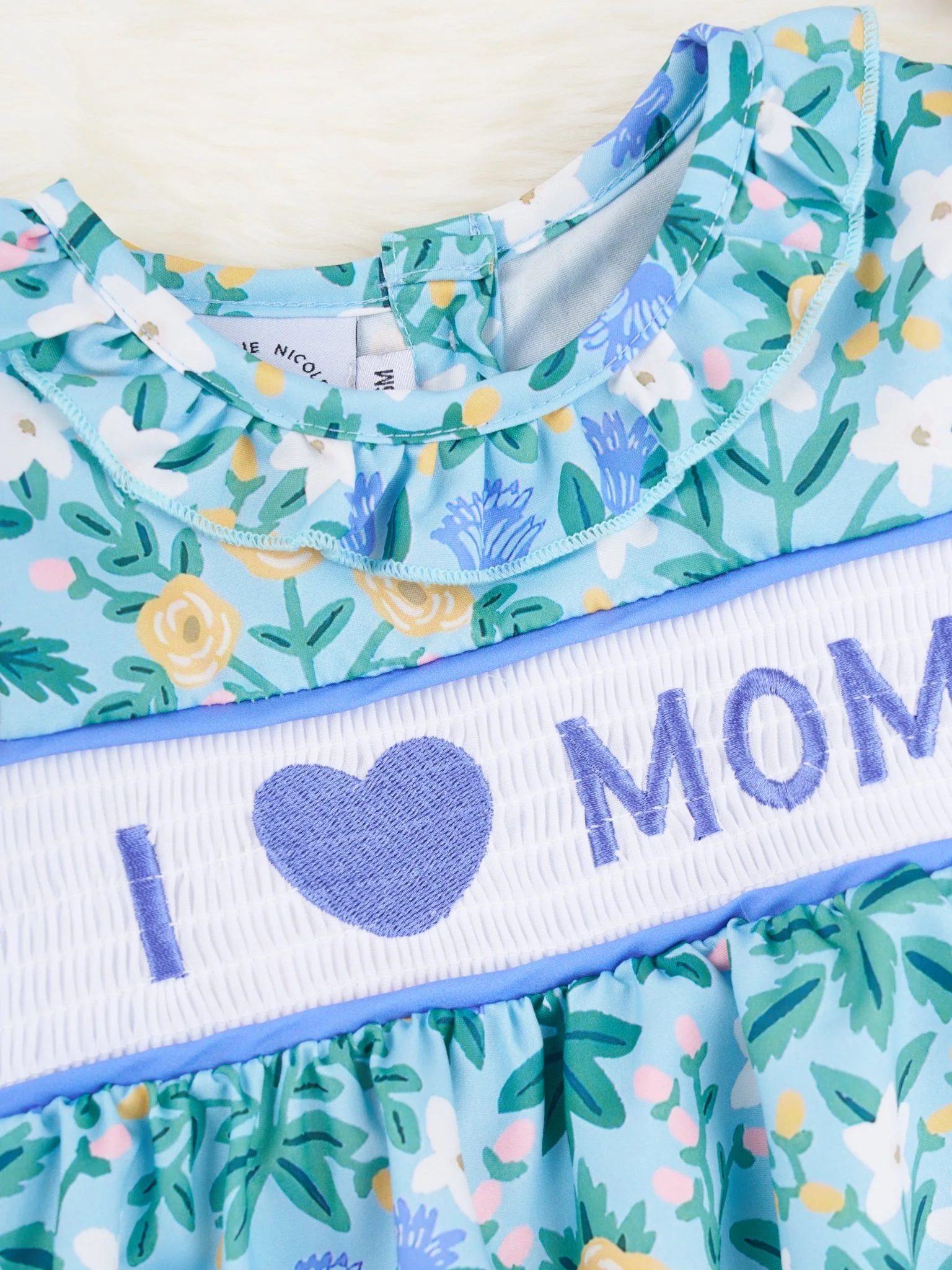 Floral "I Love Mom" Smocked Bubble Romper - Image 3