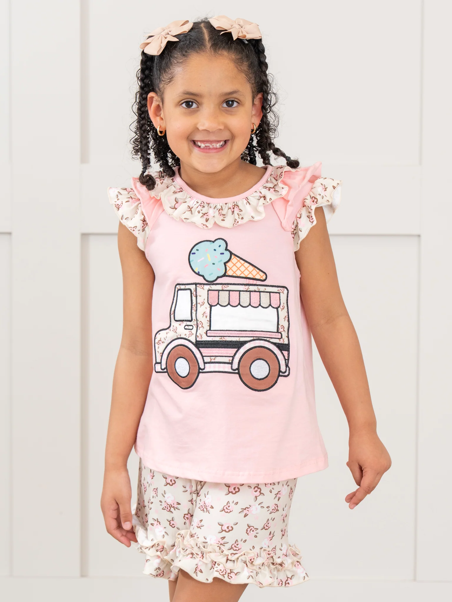 Floral Ice Cream Truck Embroidered Ruffle Outfit