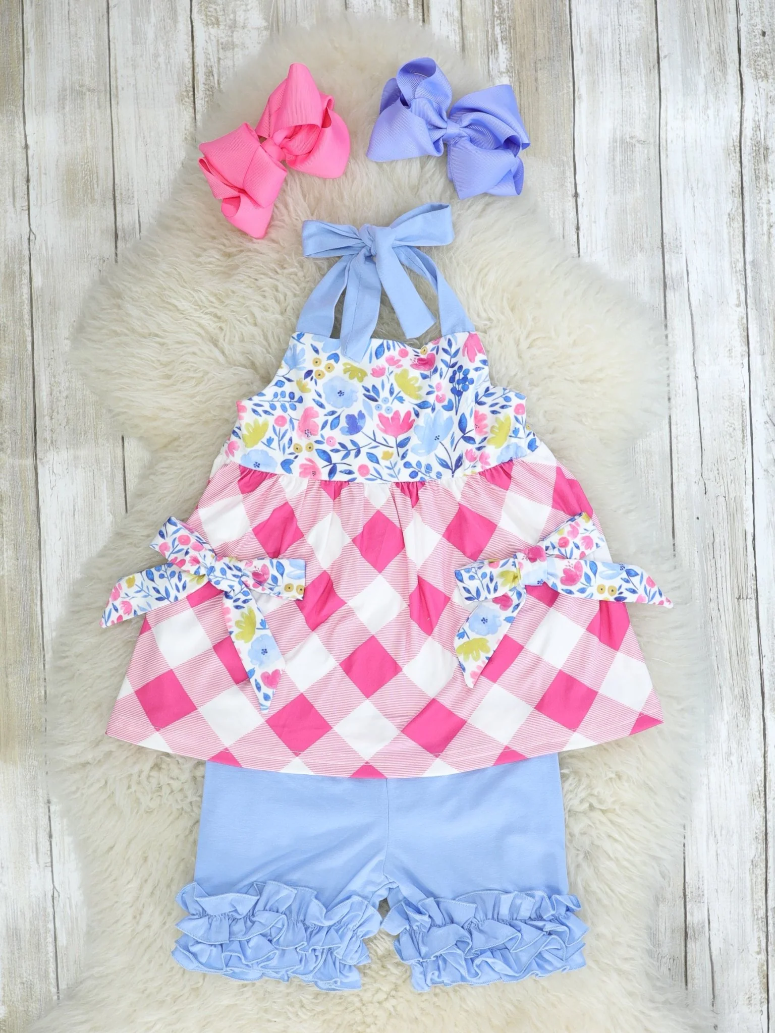 Floral Pink Check Halter Top & Ruffle Bottoms Outfit