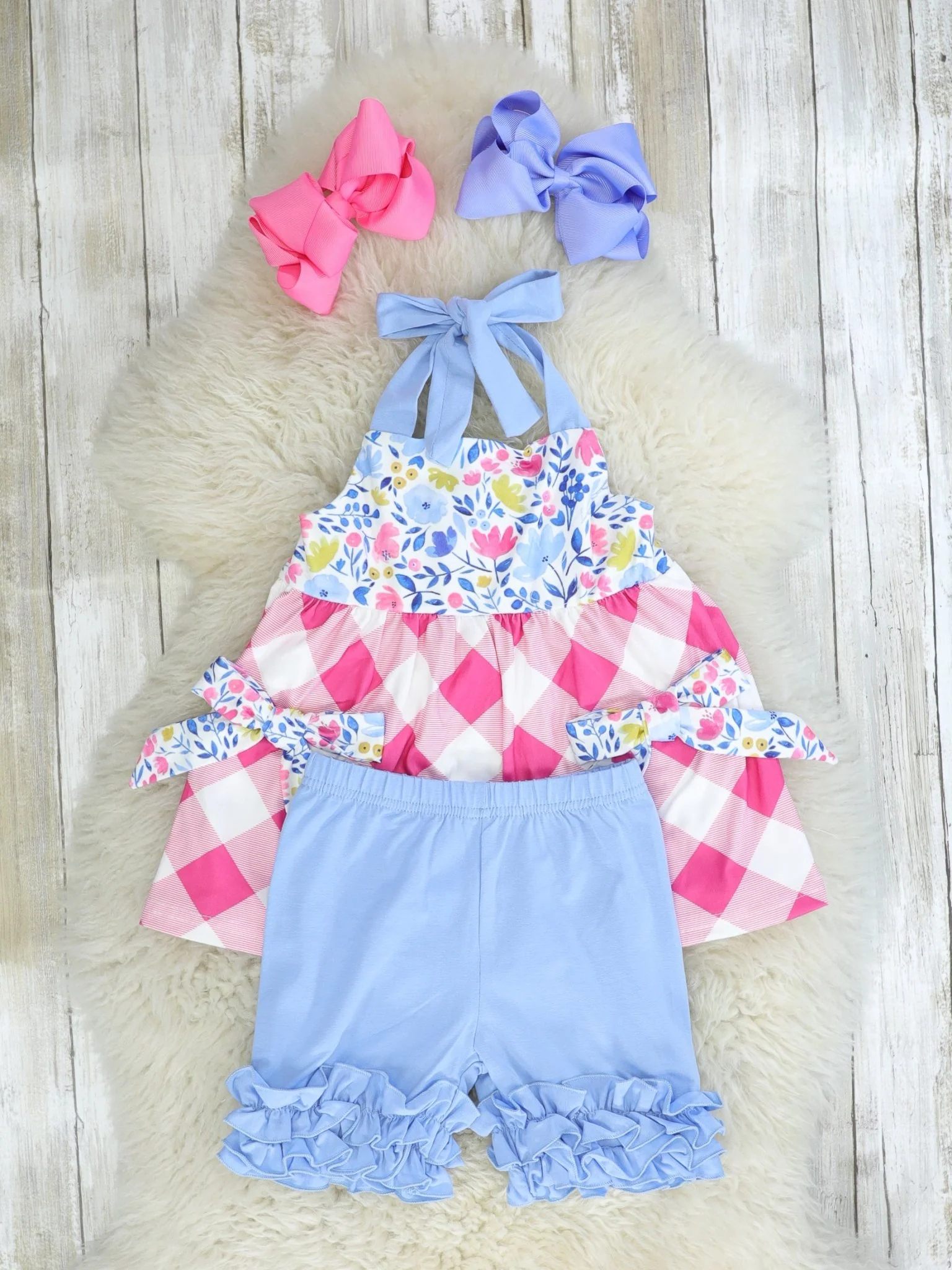 Floral Pink Check Halter Top & Ruffle Bottoms Outfit - Image 2