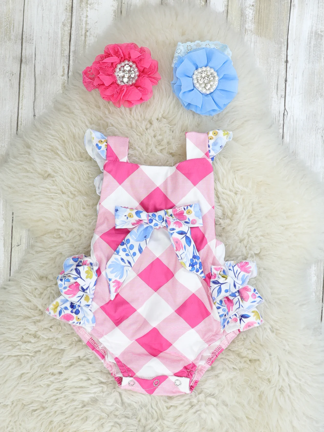 Floral Pink Check Ruffle Bubble Romper
