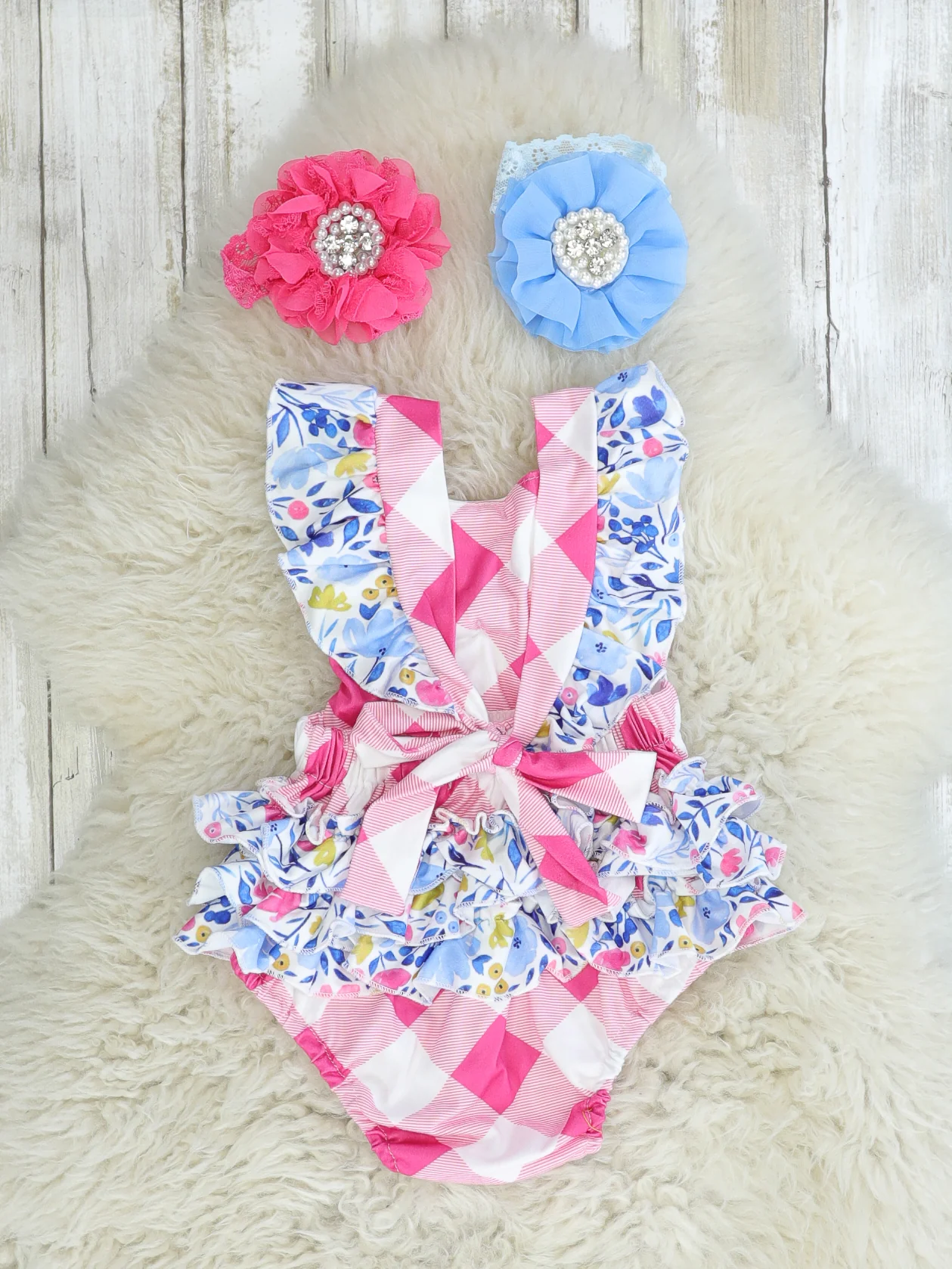 Floral Pink Check Ruffle Bubble Romper - Image 2