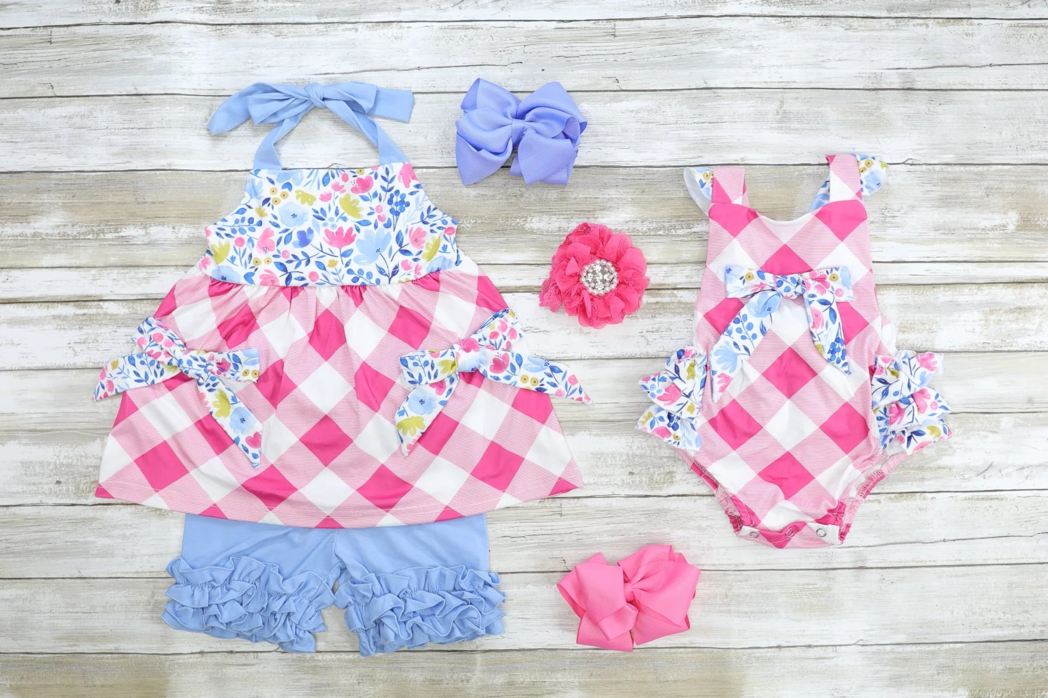 Floral Pink Check Ruffle Bubble Romper - Image 3