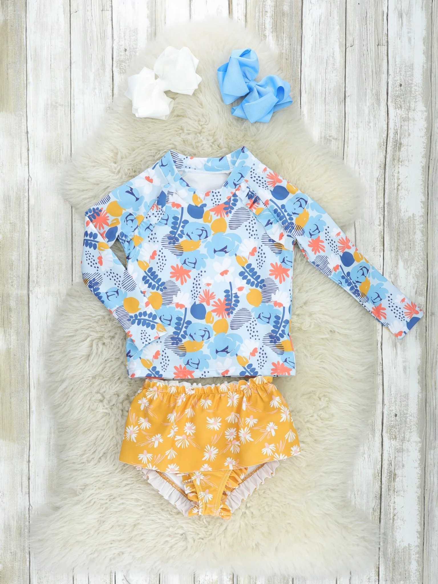 Floral Rash Guard & Mustard Ruffle Bottoms Swim Set