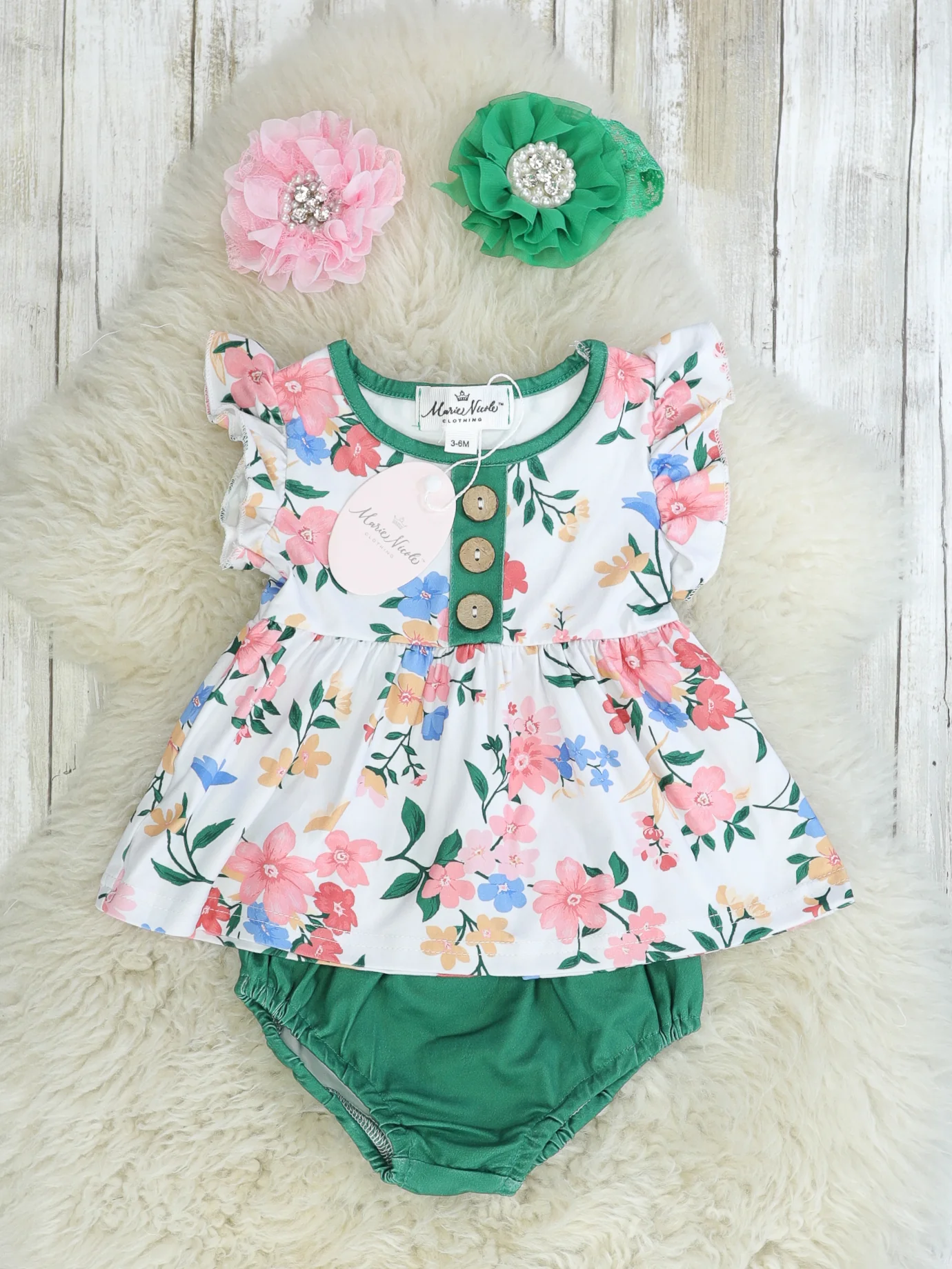 Floral Ruffle Top & Forest Green Bloomers Set