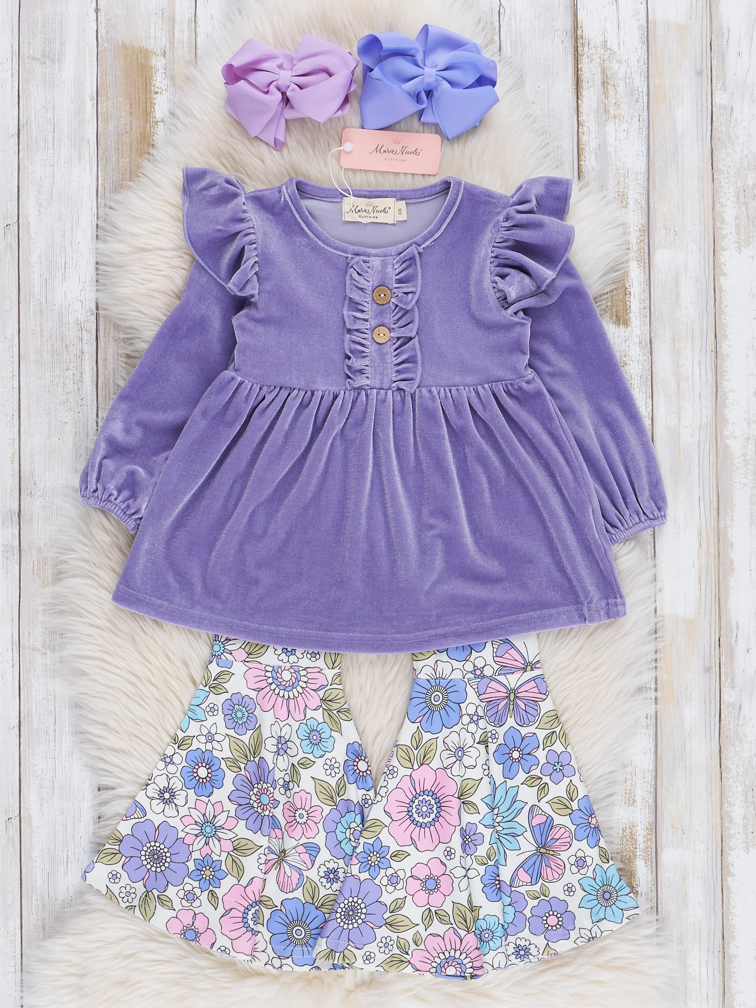 Floral Ruffle Velvet Bell Bottoms Outfit - Image 2
