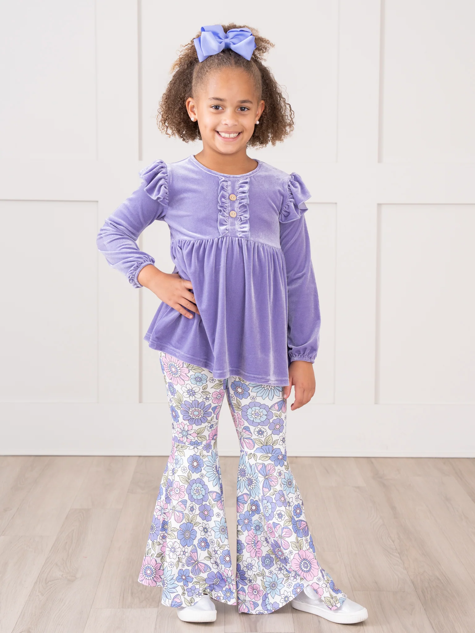 Floral Ruffle Velvet Bell Bottoms Outfit - Image 4
