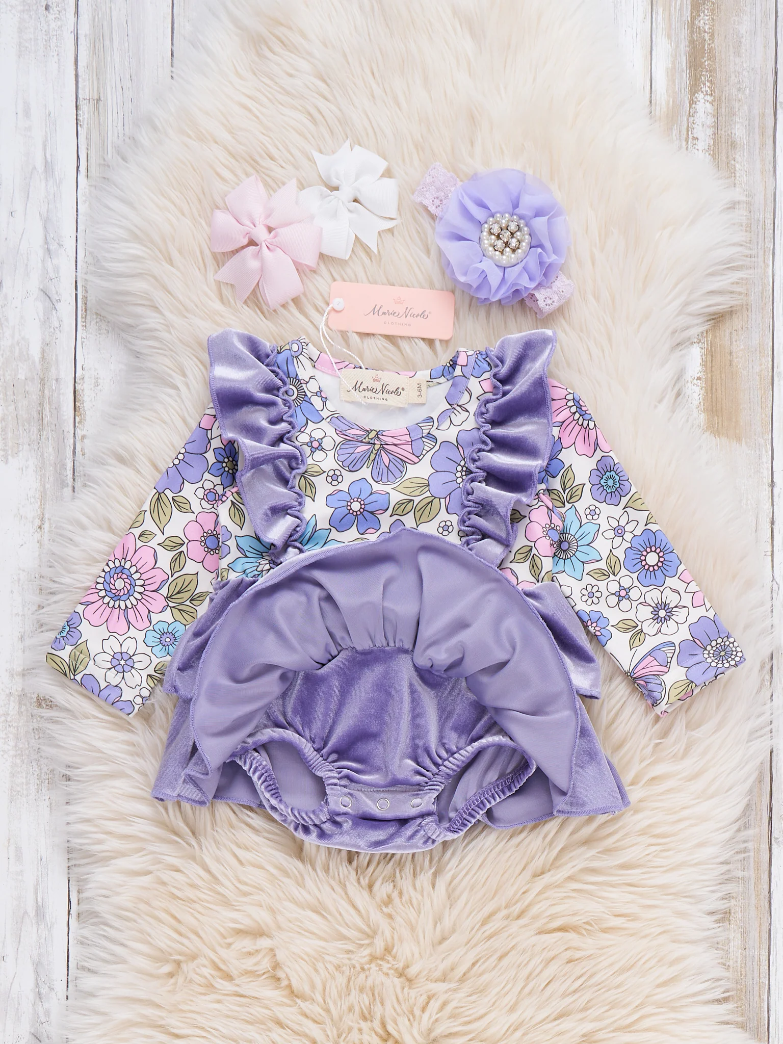 Floral Ruffle Velvet Bubble Romper - Image 3