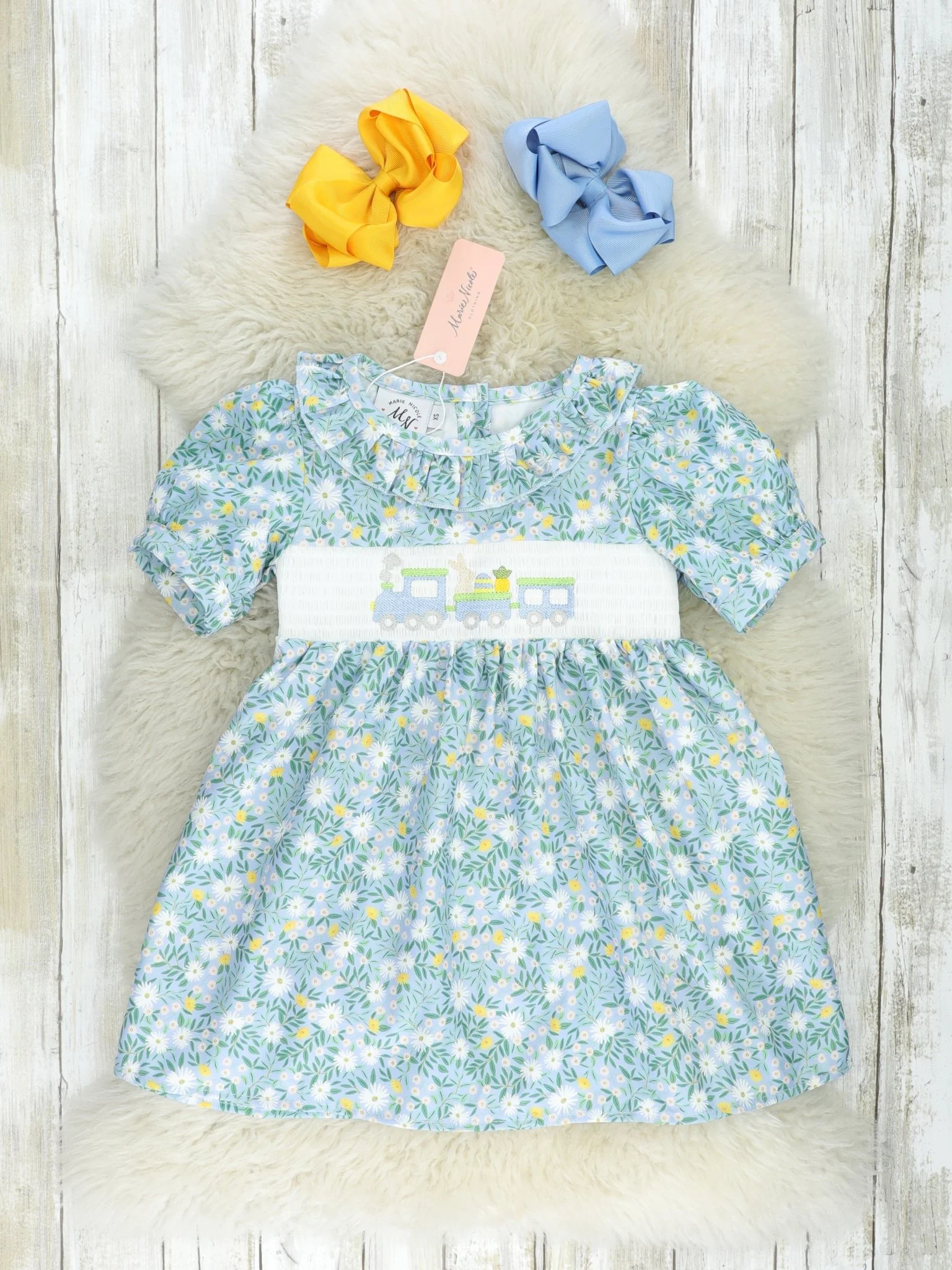 Floral Smocked Bunny Train Ruffle Dress