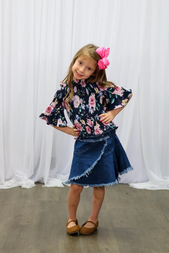 Floral Smocked Top & Denim Skirt Outfit - Image 2